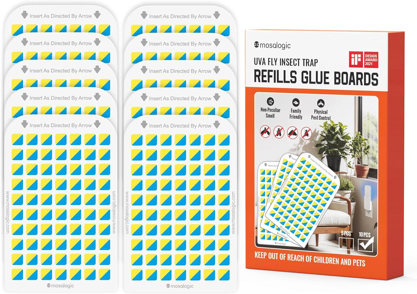 Mosalogic Sticky Card Plug Refill Replacement Glue Cards for Flying Insect Trap Indoor-10pack (No Device)