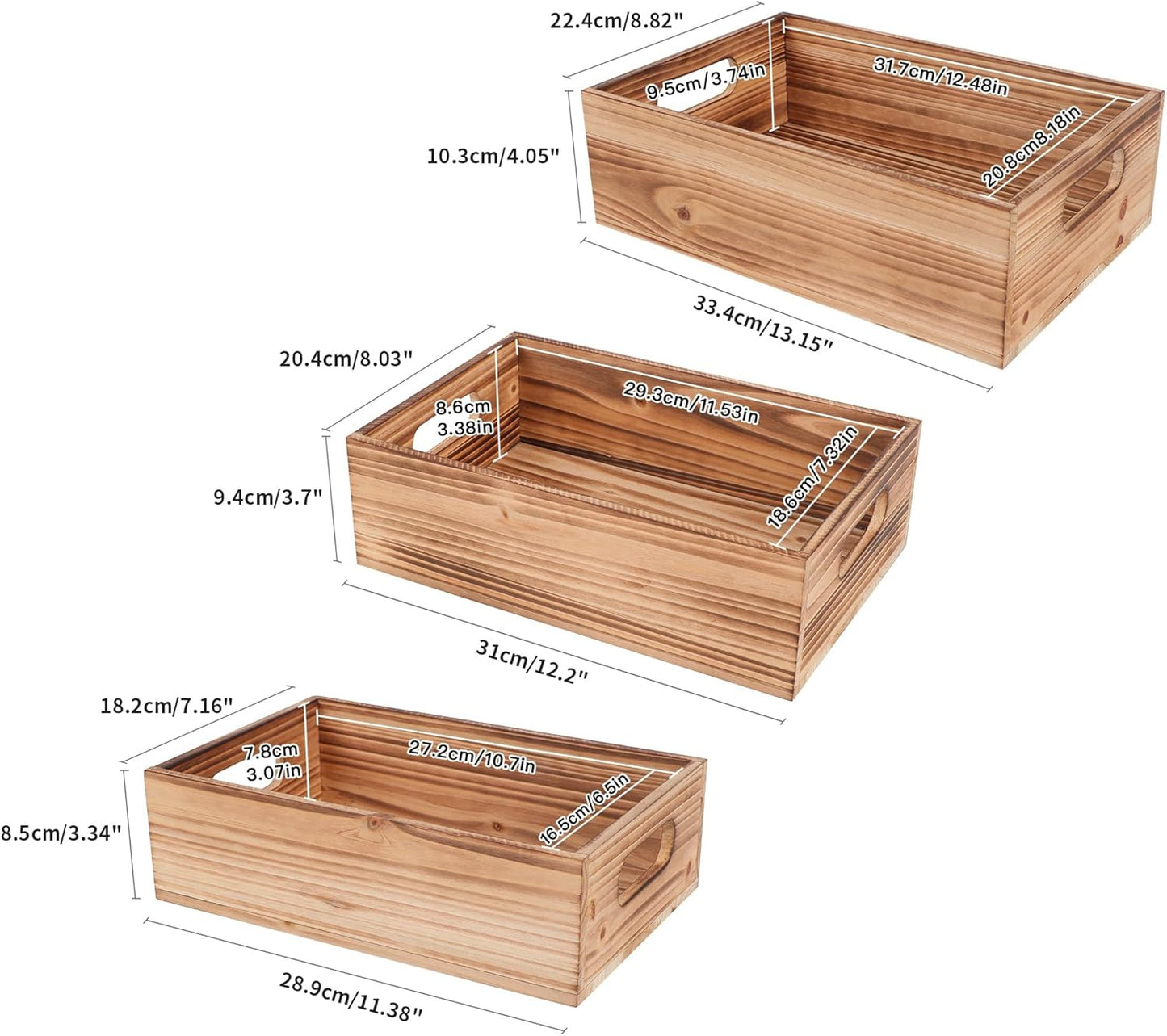 PHOENANCEE Wood Crates For Display,Rustic Crate Storage Decorative Boxes Set of 3,Wooden Nesting Box with Handles Farmhouse Container Basket Bin Home Decoration,Solid Pine,L+M+S