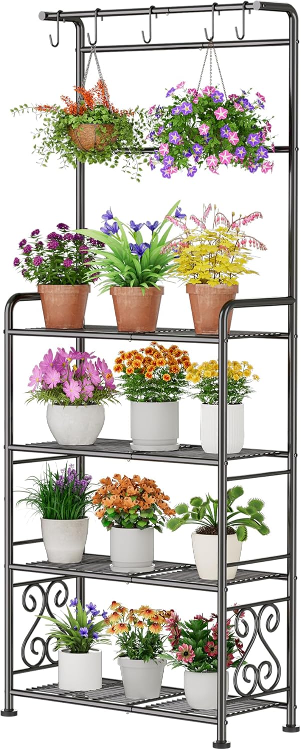 Plant Stand Indoor Outdoor Heavy Duty Metal - 68.4" Tall 4-Tier Shelf for Multiple Plants, Flowers, Rustproof Black Storage Rack for Patio, Balcony, Living Room, Garden, Includes Hooks&Adjustable Feet