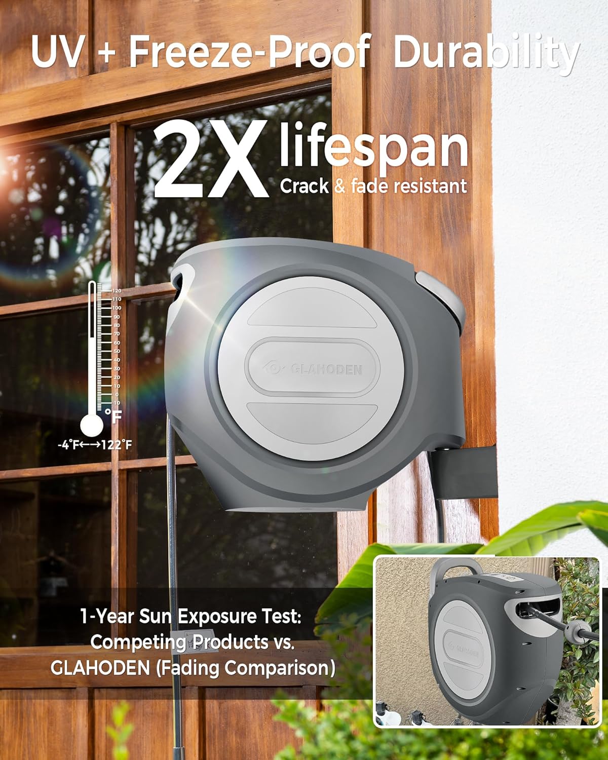 Retractable Garden Hose Reel 5/8 in x 75 ft Upgraded UV Resistant Heavy Duty Automatic Hose Reel Wall Mount 3/4 in Brass Fitting 9 Pattern Nozzle Any Length Lock Slow Retraction 180° Swivel