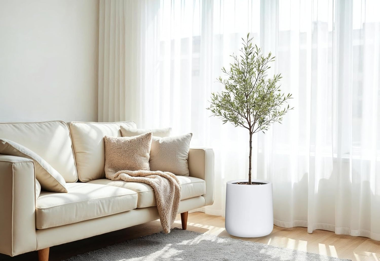 14" H x 13.7" D Conico Fiberstone Round Planter with Drainage Hole, Smooth Finishes, Weather Resistant for Indoor and Outdoor Use, Included 2 Extra Coco Mats (White, 10.6" Pot Opening)