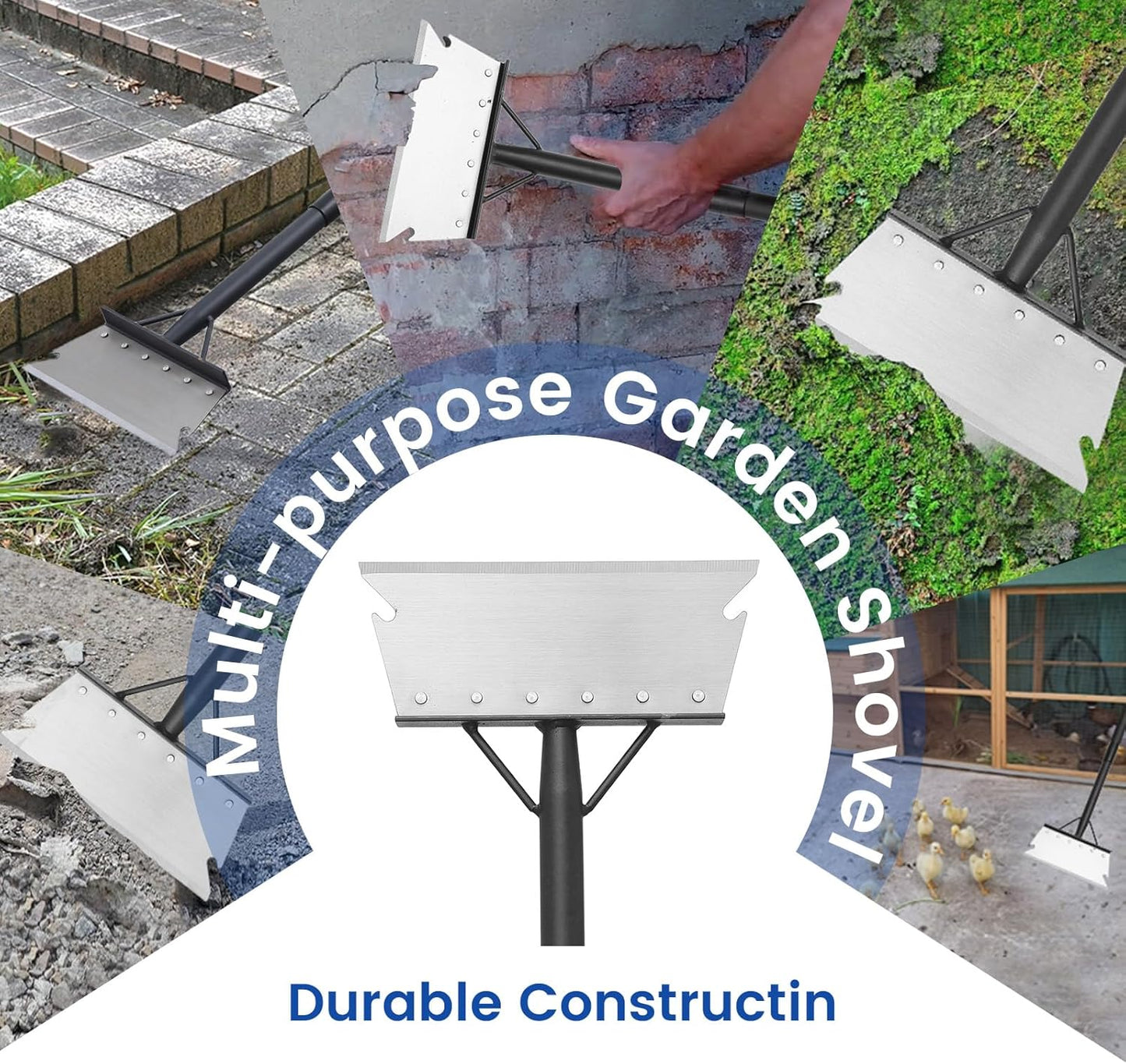 Garden Cleaning Shovel, Floor Scraper, Ice Scraper, 59 Inch Adjustable Heavy Duty Snow Scraper Long Handle, Garden Flat Shovel for Lawn Edging Weeding Digging Snow Removal and Ice Scraping, Sliver