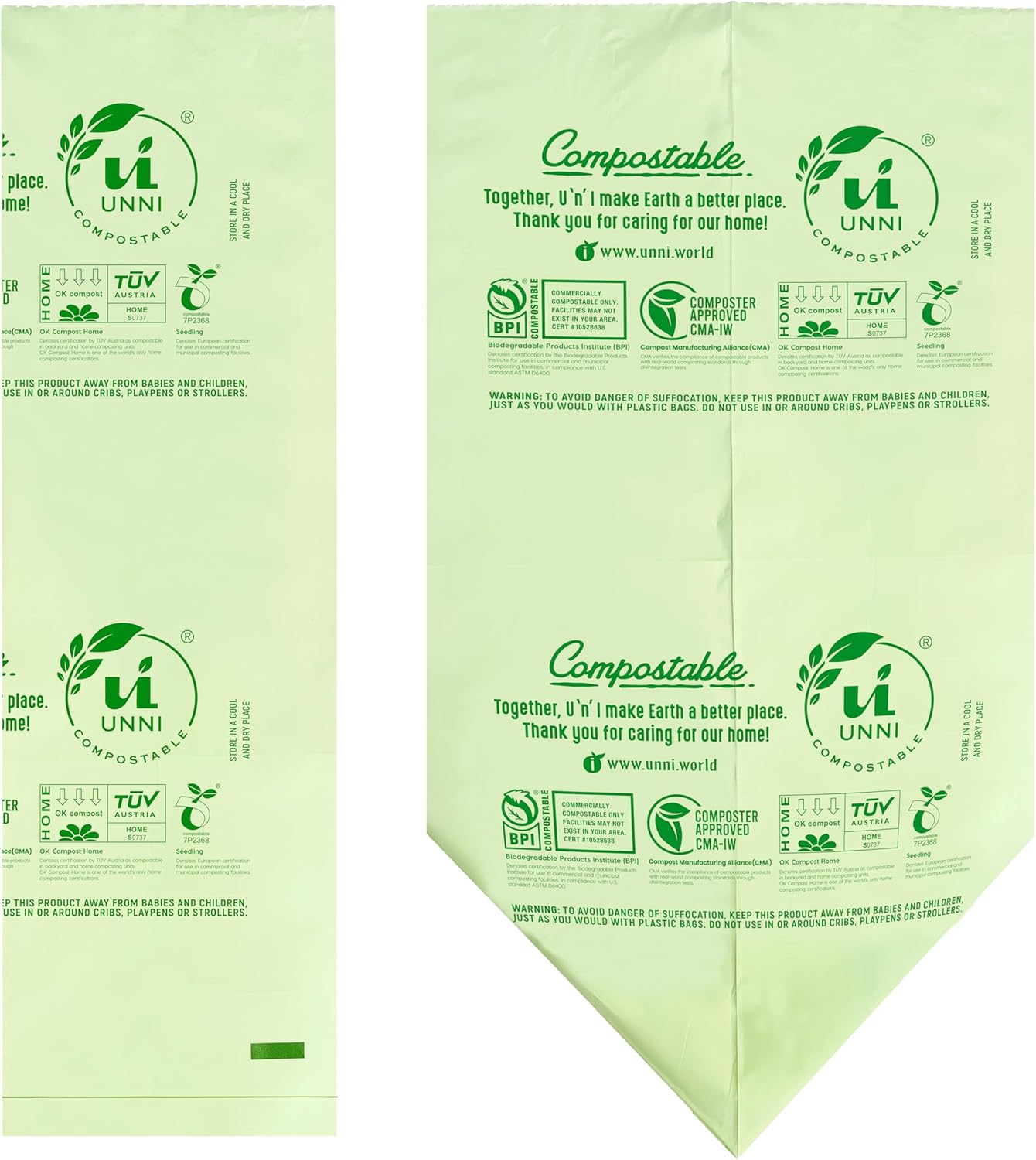 UNNI Compostable Trash Bags, 3 Gallon / 11.35 Liter, 100 Count, Extra Thick 0.71 Mil Small Kitchen Food Scrap Bin Liners, Certified by BPI, CMA & OK compost HOME, Meets the ASTM D6400 Standard