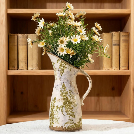 Vintage Ceramic Pitcher Vase with Handle, Farmhouse Green and Purple Large Floral Vases, French Country Decorative Vase, Rustic Table Centerpiece for Home Decor, Bookshelf, Office 10.5 Inch