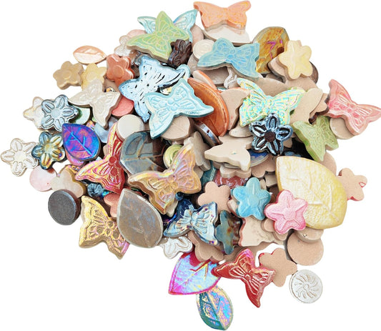 500g/1.1lb Random Color Irregular Ceramics Mosaic Tiles,DIY Making Creative Ceramic Mosaic Tiles for DIY Craft Plates Flowerpots Vases Cups Mosaic Making Supplies (Leaves+Flowers+Butterflies+Round)