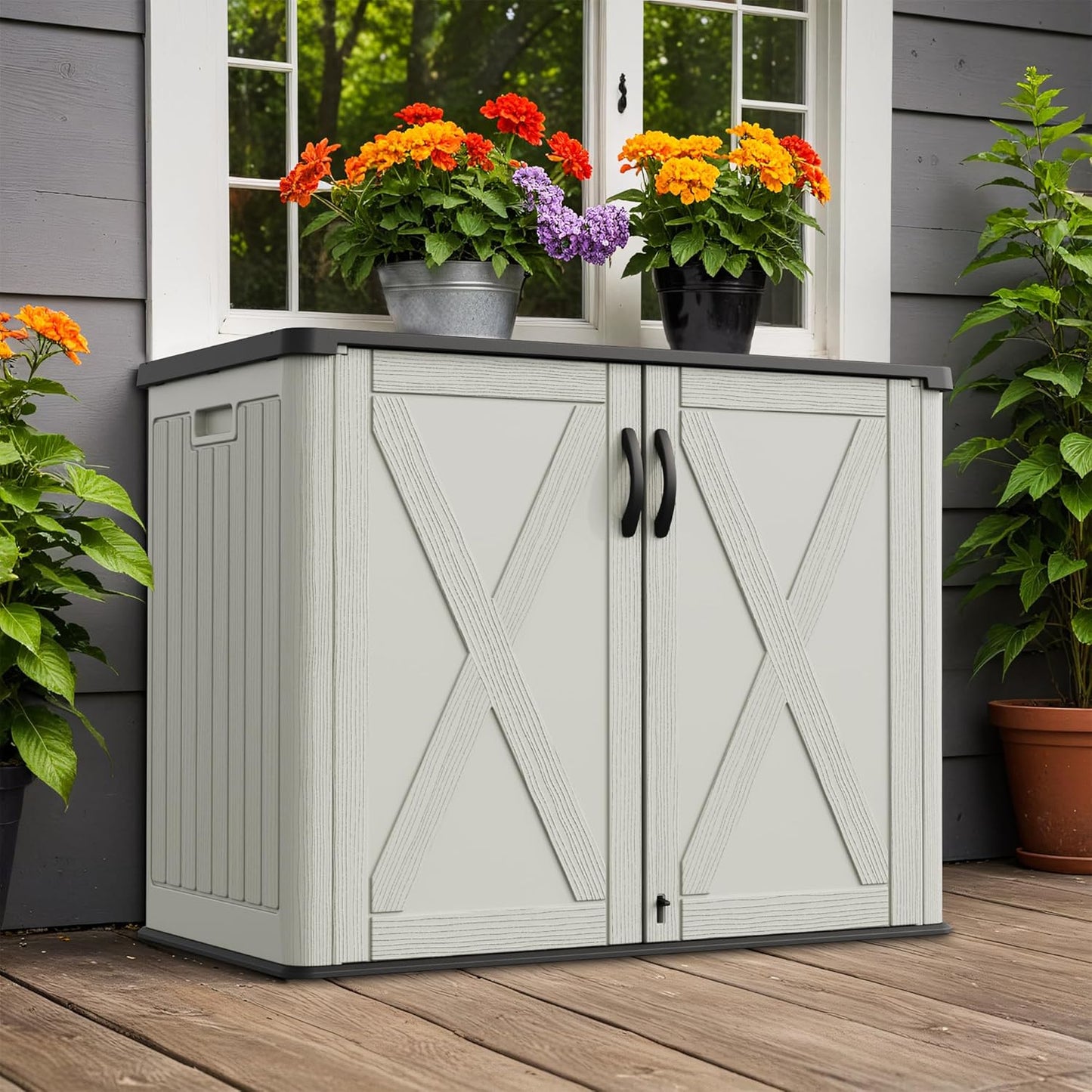 Greesum Outdoor Storage Cabinet, 25 Cu.Ft Deck Box Without Shelves, Waterproof Plastic Storage Bin for Patio Cushions, Gardening Tools, Lockable and Sidehandles, UV Resistant, Beige