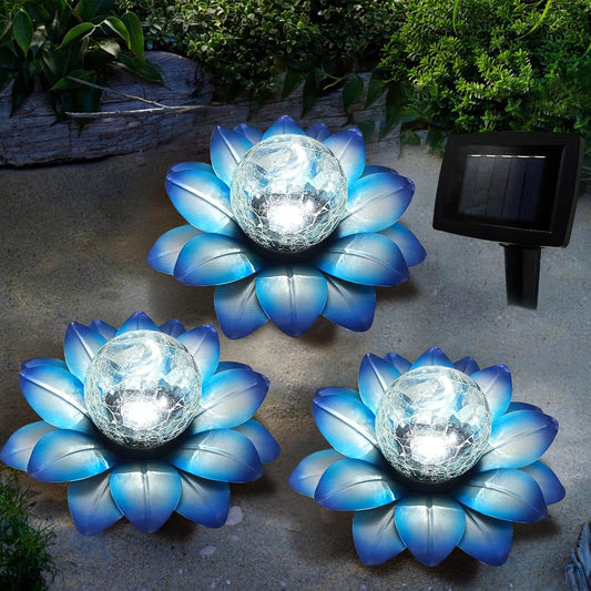 LEWIS&WAYNE Solar Garden Lights Outdoor, 3 Pcs Blue Lotus Flower Pathway Lamps with Cool White Crackle Glass Globe Led Lights for Patio Pathway Yard Balcony Garden Decorations