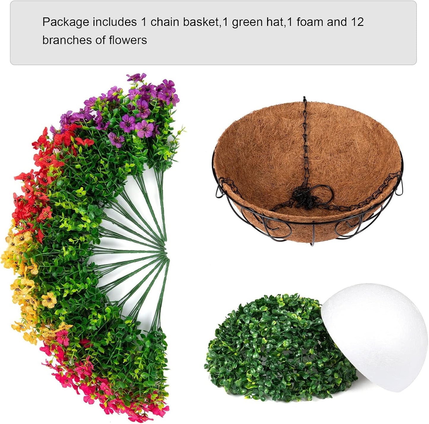 Artificial Faux Hanging Plants Flowers Basket for Summer Outdoor Outside Decoration, Fake Silk UV Sun Resistant Look Real Colorful Daisy Eucalyptus for Porch Home Patio Balcony Yard