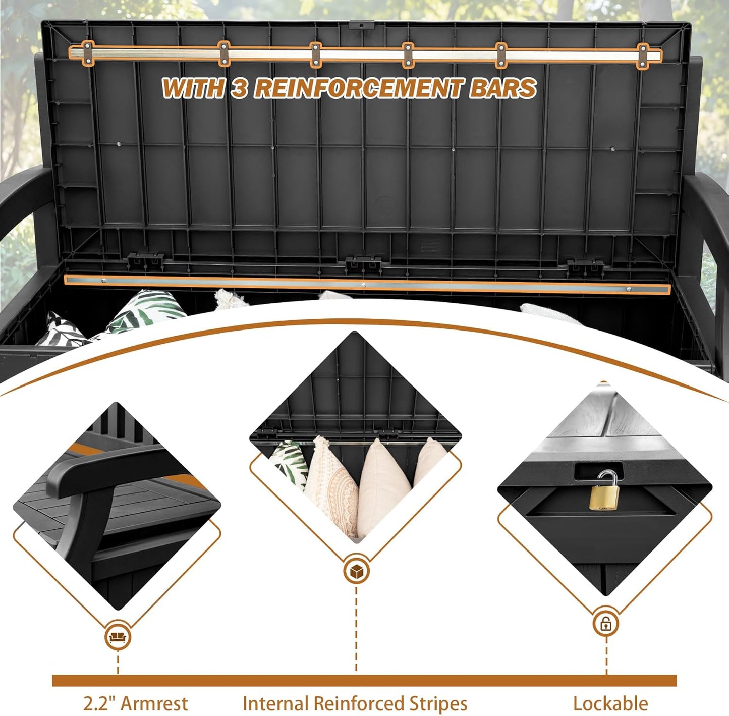 Devoko 80 Gallon Storage Bench Deck Box Lockable for Patio Furniture, Garden Decor and Outdoor Seating for Cushions, Garden Tools and Pool Supplies (Black)