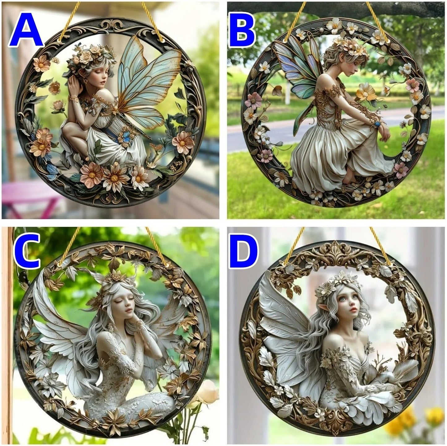 Flower Fairy Garden Decorations Angel Wing Christmas Halloween Deco Statue Art Elf Sculpture Hanging Craft for Outdoor Yard Courtyard Lawn Patio Window Acrylic Ornament Home Gift (C,S: 6*6 IN)