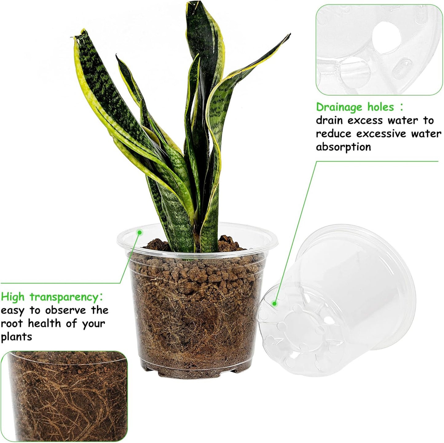 60 Pack 6 Inch Clear Nursery Pots with Drainage Holes, Transparent Plastic Plant Pots, Reinforced Seed Starter Garden Flower Pots, Comes with 50pcs Plant Labels