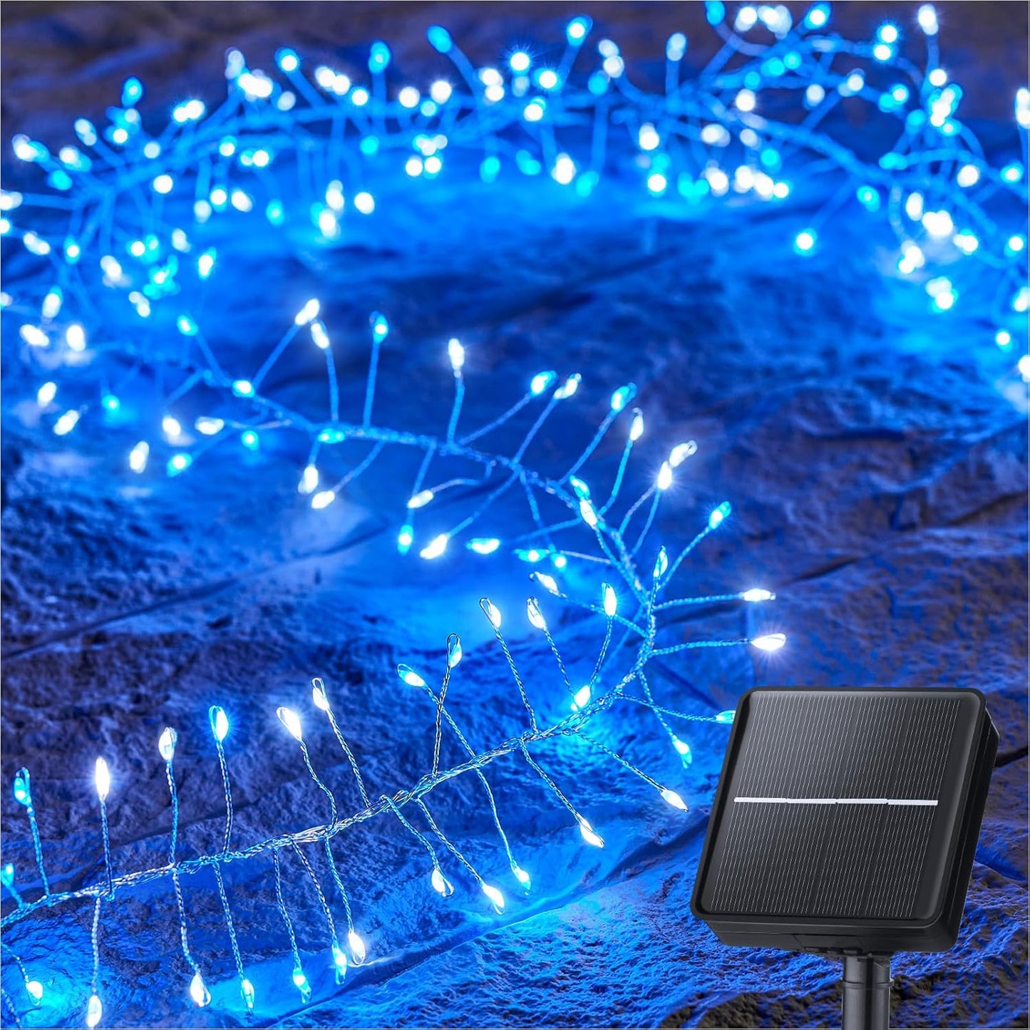 Brightown Solar Lights for Outside, 19.6Ft 240 LED Solar String Lights Outdoor Waterproof, 8 Modes Firecracker Balcony Lights for Tree Patio Christmas Party Wedding Decor (Blue and White)