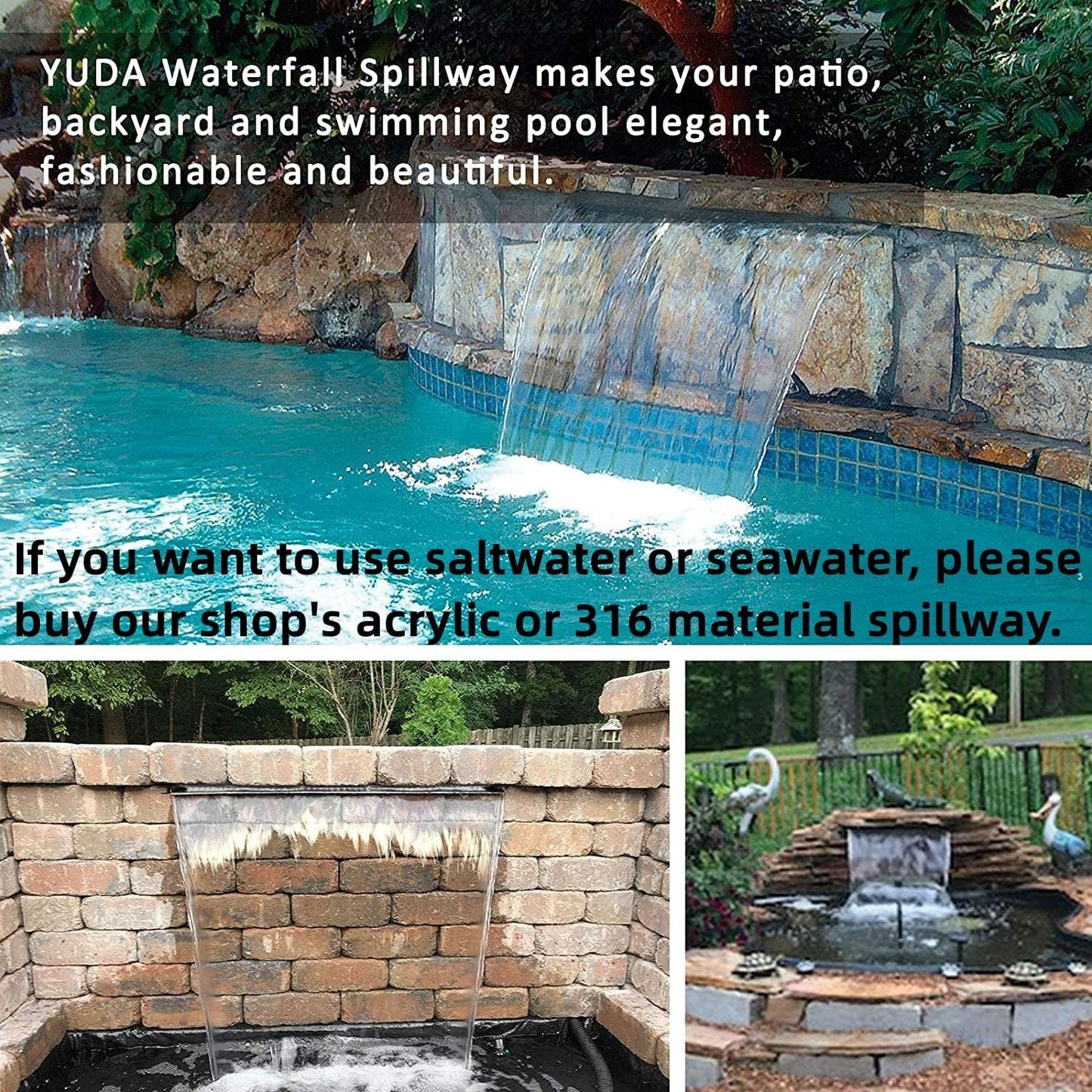 YUDA 24 Inch Water Pool Fountain, 304 Stainless Steel Pool Waterfall with Wider Water Flow Platform, Professional Waterfall Spillway for Sheer Descent Garden Outdoor