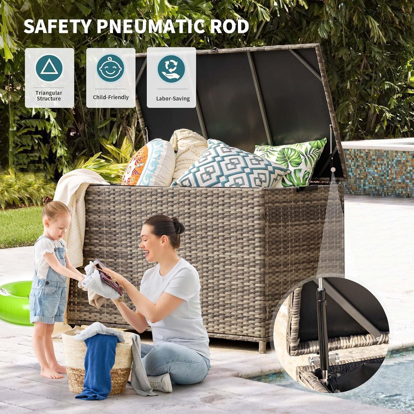 178 Gallon Outdoor Storage Box, Patio Deck Box with 2 Wheels, Handle Large Portable Wicker Rattan Deck Box for Patio Furniture Cushions, Throw Pillows, Garden Tools and Pool Floats (Gray)