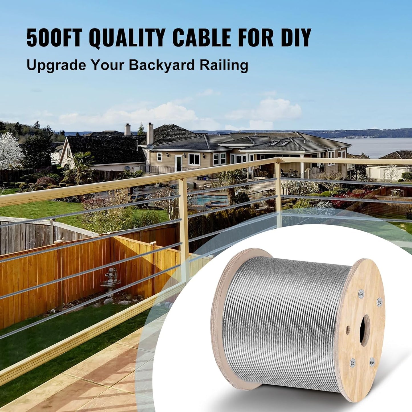 VEVOR Stainless Steel Cable Railing 1/8"x 500ft, Wire Rope 316 Marine Grade, Braided Aircraft Cable 1x19 Strands Construction for Deck Rail Balusters Stair Handrail Porch Fence