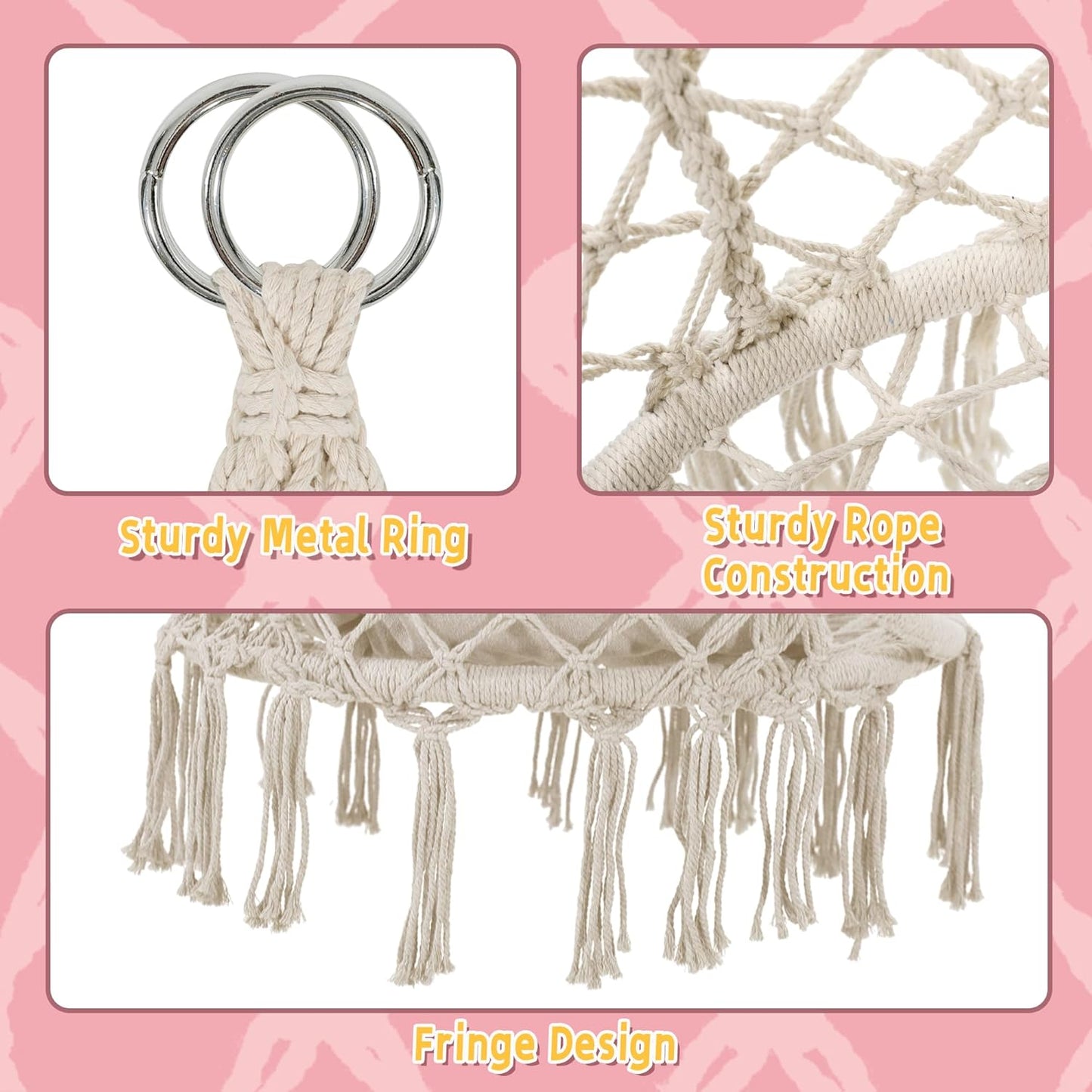 Macrame Hammock Hanging Swinging Chair with Medium Cushion, Perfect for Bedroom, Porch, Adults, Balcony, Beige