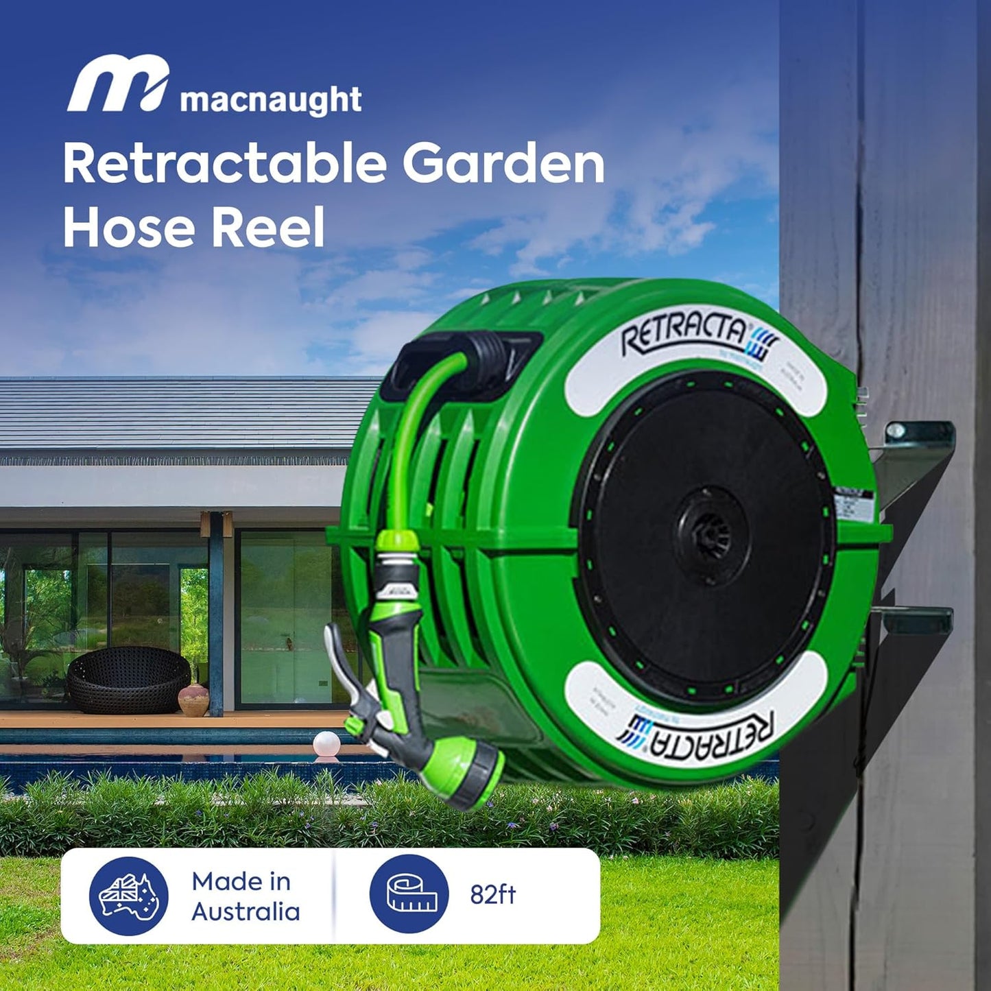 Macnaught Retractable Garden Hose Reel, 82 Ft Water Hose Reel Heavy Duty Retractable Hose with Metal 180° Swivel Rotation Bracket for Wall Mount - Green