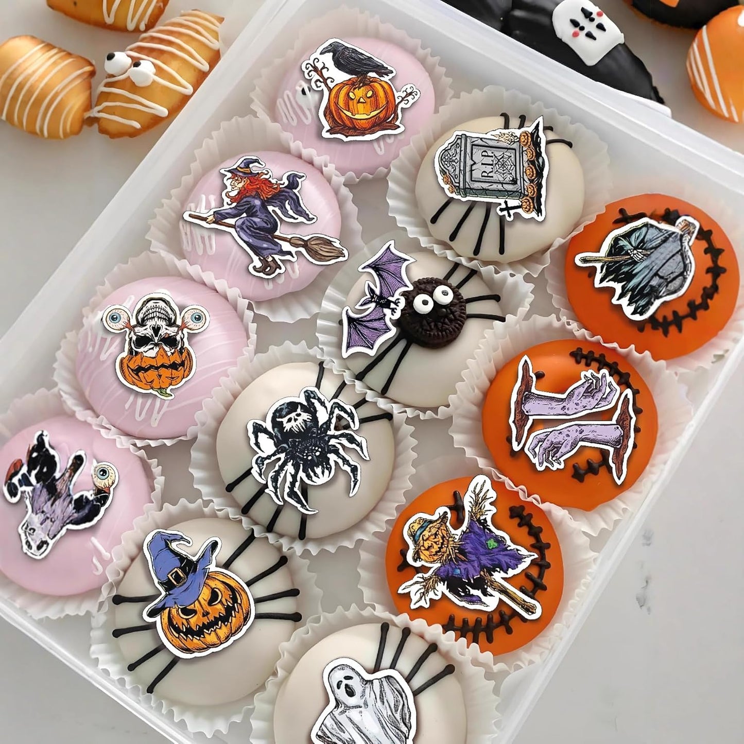 48pcs Edible Halloween Themed Pumpkin for Cake Decorating Spider Cupcake Toppers Bat Wedding Themed Party Birthday Cake Decoration(Tasteless)