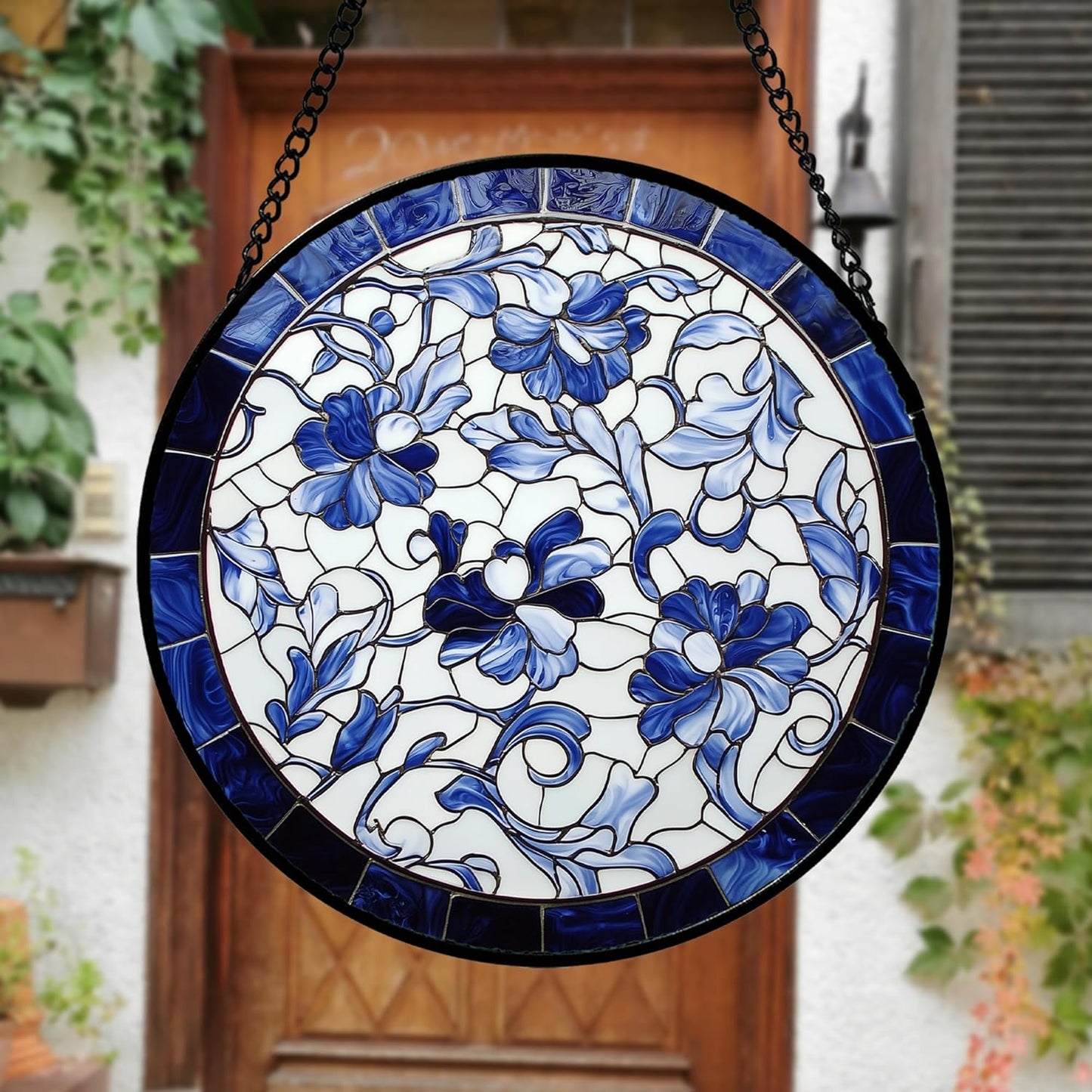 Stained Glass Window Hanging, Blue and White Abstract Flowers Sun Catcher for Door Home Decor Suncatcher Christmas Mother's Day Birthday Gifts for Women Men Mom and Nana 11.8 in