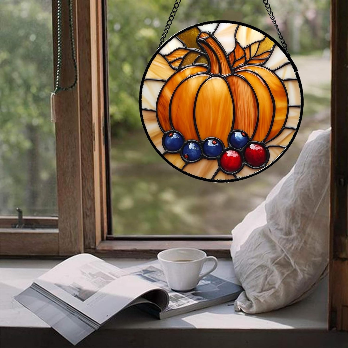 Stained Glass Window Hanging Fall Pumpkin Berries 9.8" - Suncatcher Door Garden Kitchen Sunroom Sun Catcher Autumn Home Decor Birthday for Mom Grandma Men Woman