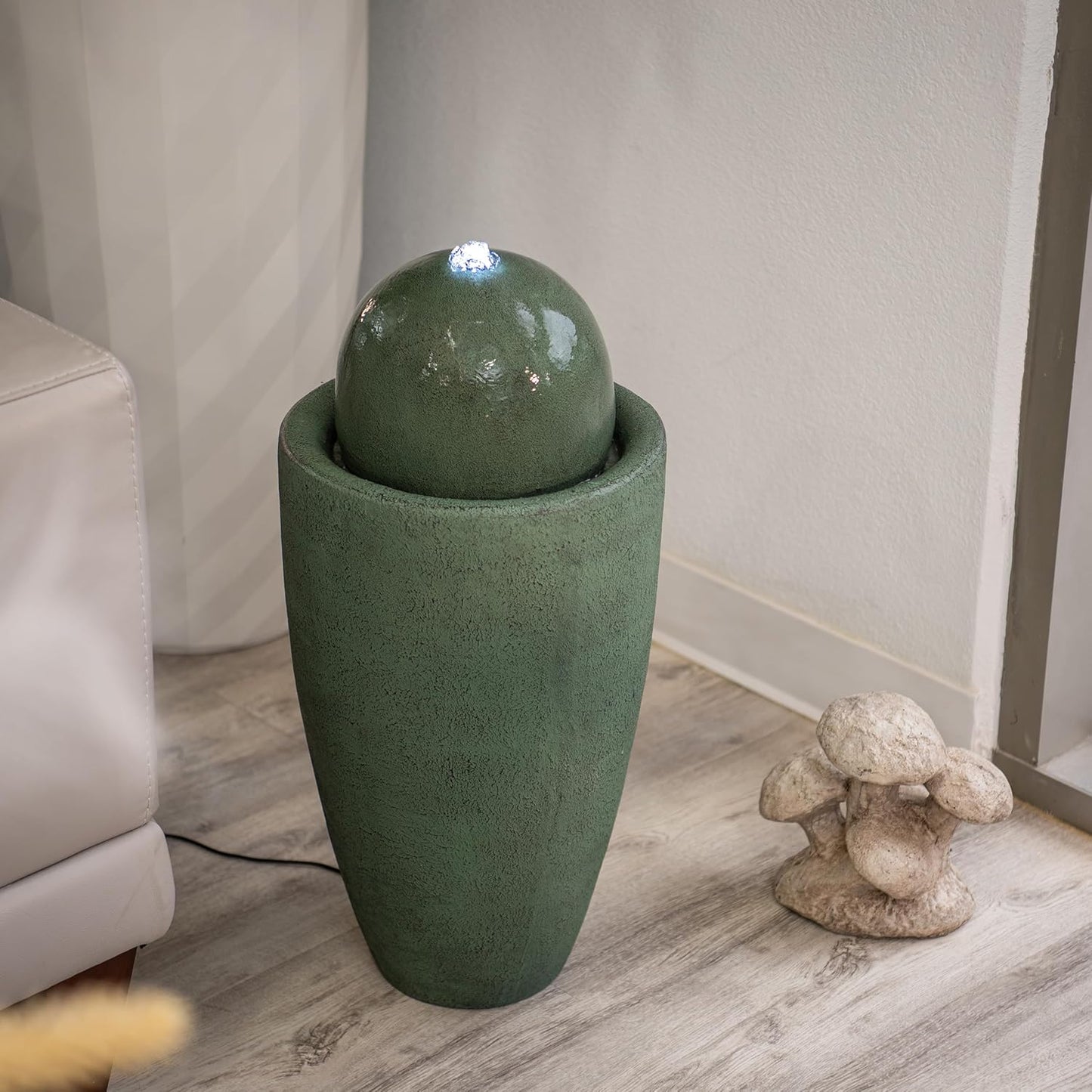 XBrand 25.98" H Round Stone Indoor/Outdoor Modern Stone Textured Sphere Water Fountain w/LED Lights, Green