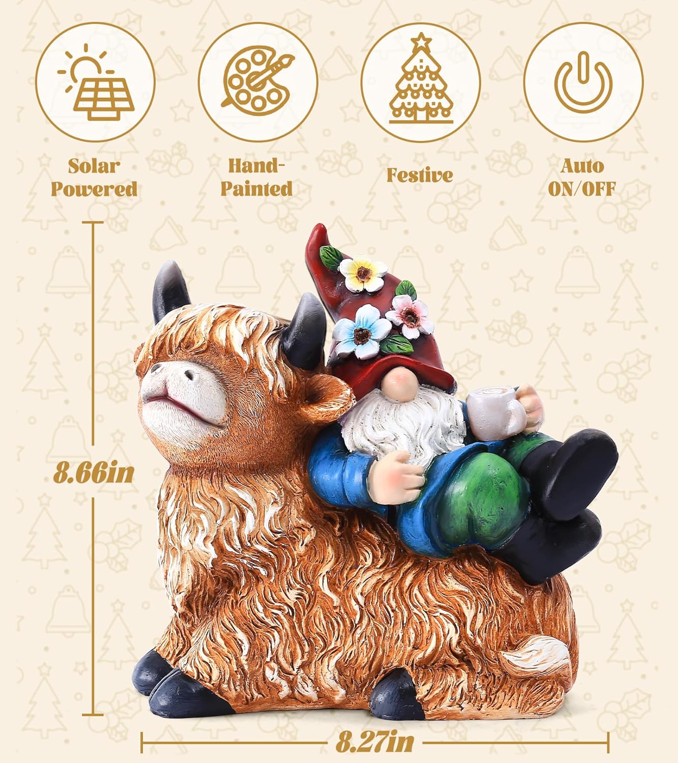 Garden Gnomes Decor Outdoor Statues Gnome on Highland Cow Hold Solar Cup Light Outdoor Decorations for Patio,Yard and Gift for Mom