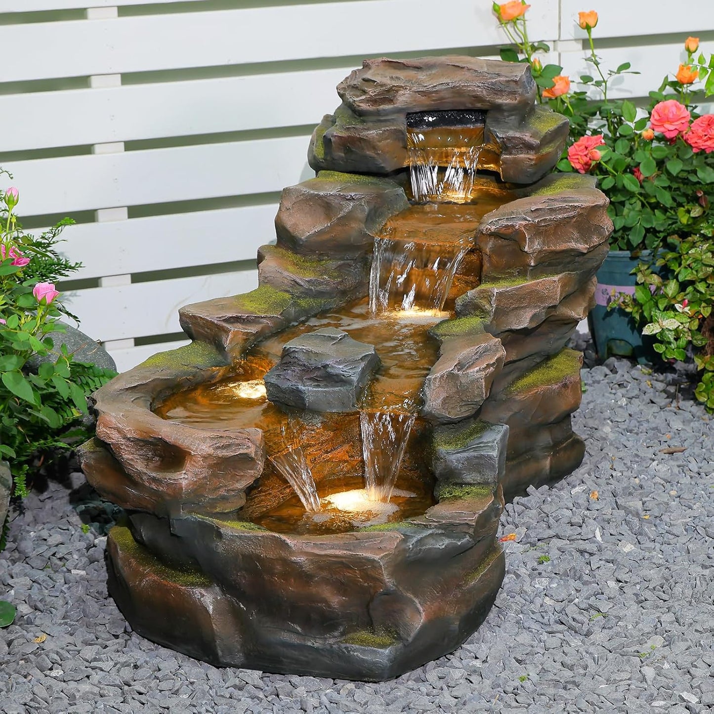Water Fountain Outdoor Floor Standing 5-Tiers Rock Natural Waterfall Outdoor Garden Fountains with LED Lights for Patio, Porch, Home Art Decor