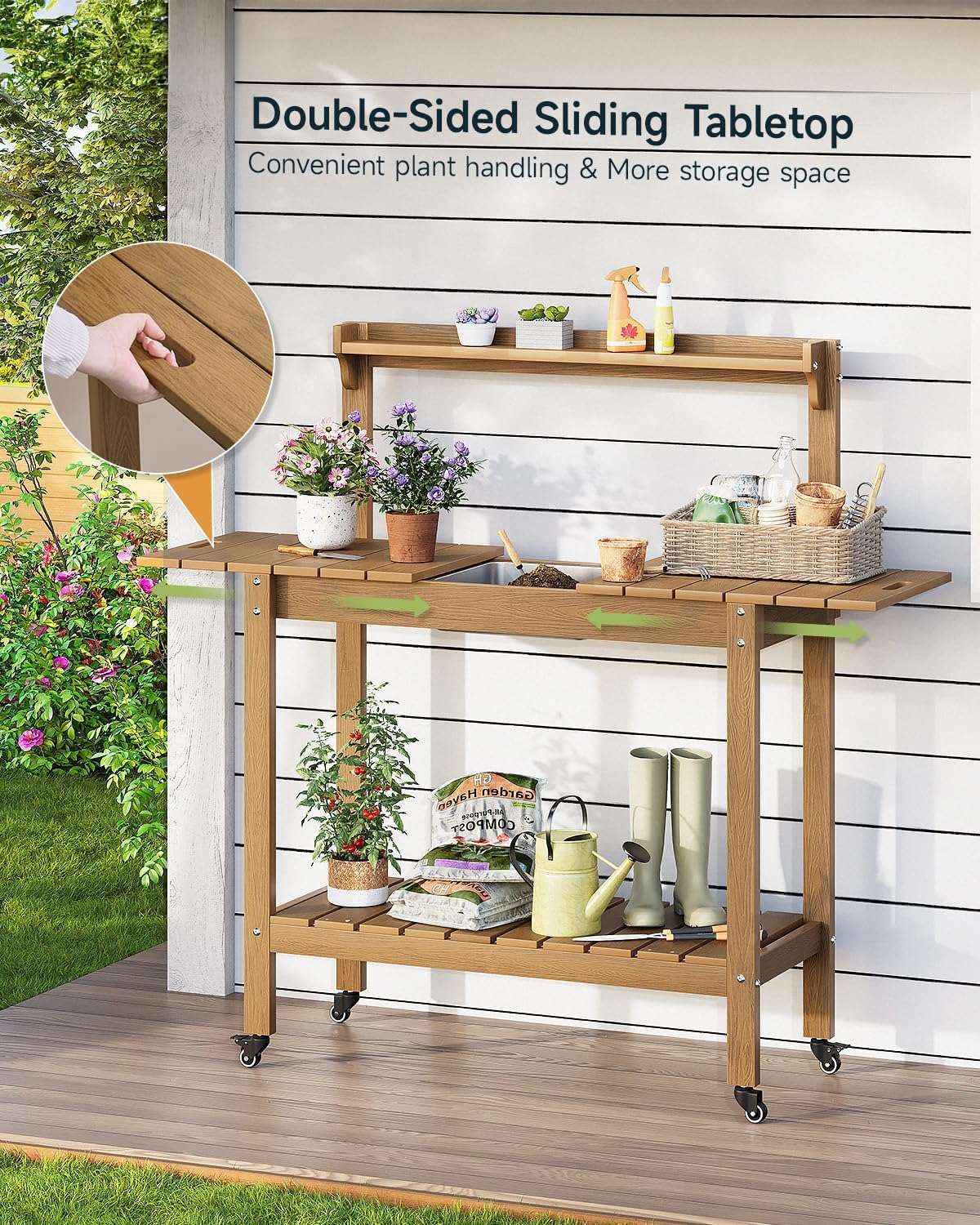 HDPS Outdoor Potting Bench with Sliding Tabletop/ 4 Wheels/Removable Sink, All-Weather Outside Garden Work Table, No Rust/Fade/Break, Potting Station for Porch, Patio & Backyard (Teak)