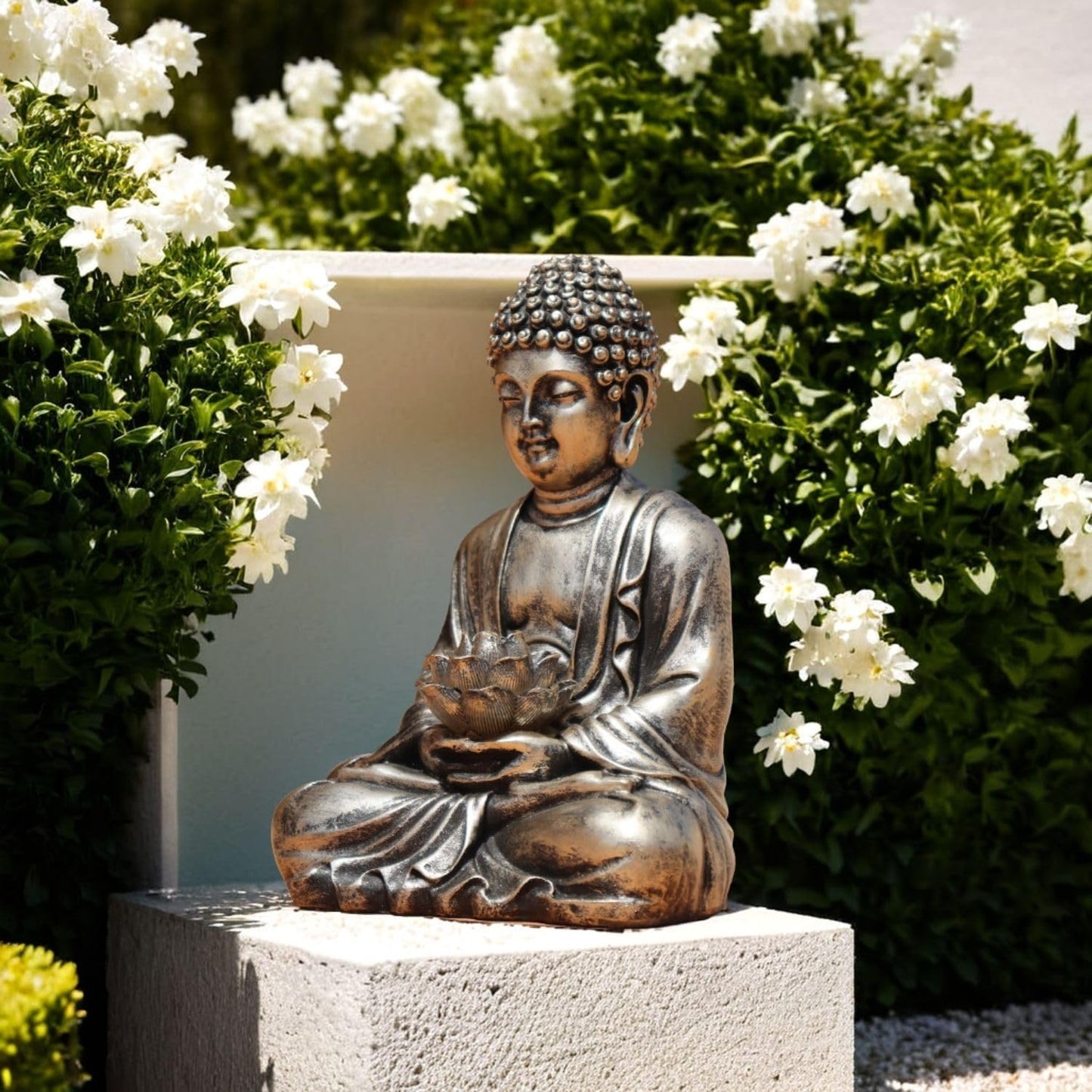 Buddha Lotus Statue with Solar Lights, Resin LED Figurine for Garden Decor – Unique Gift for Women and Friends(Copper Buddha)