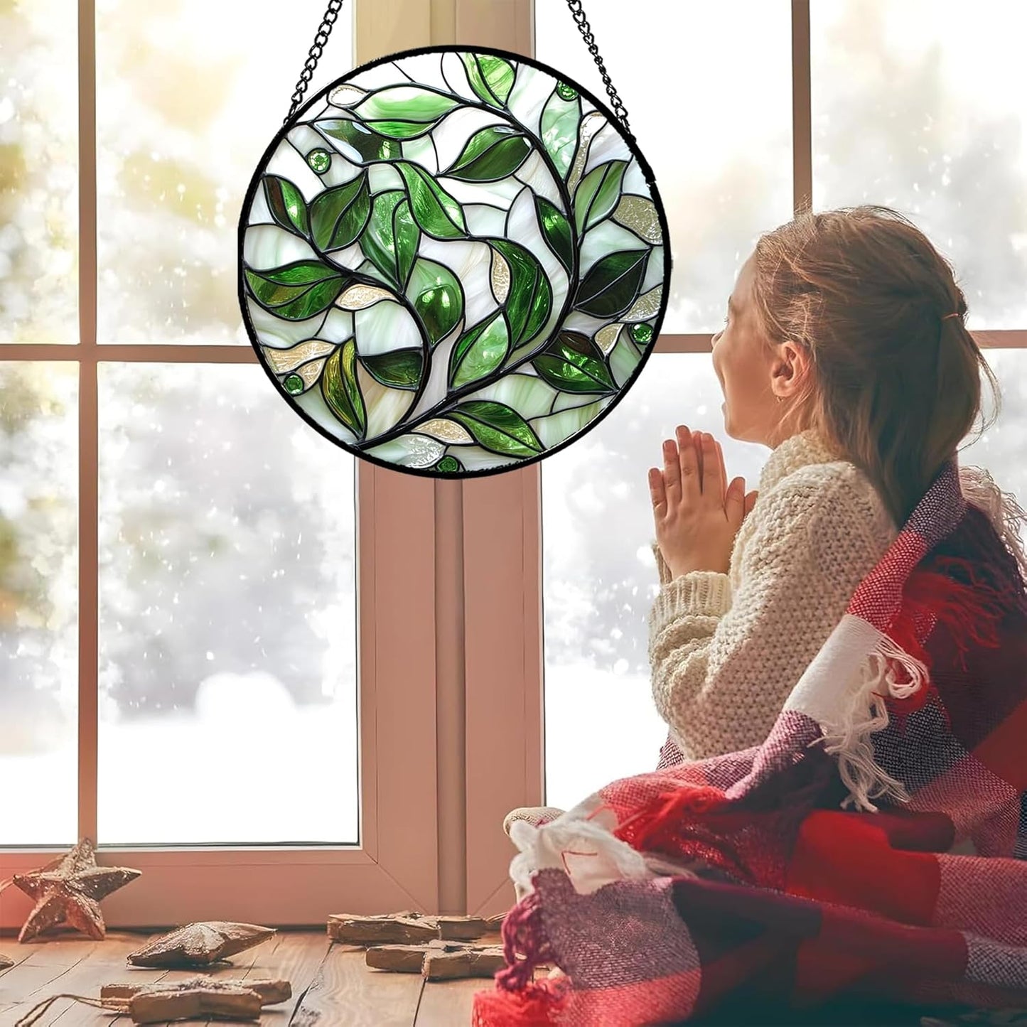 Stained Glass Window Hanging - White Green Leaves Suncatcher for Doors Window Home Plant Sun Catchers Decor Christmas Mother's Day Birthday Gifts for Teacher Women Men Mom Nana 6.3 in