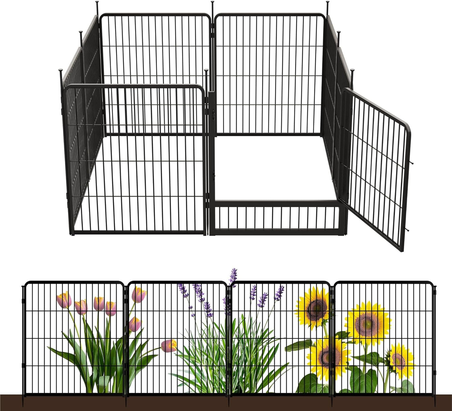 Decorative Garden Fence with Gate 32 in(H) x 17.8 ft(L) 8 Panels, Heavy Duty Metal Animal Barrier Fence for Yard, Flower Bed Fencing, Garden Border Fence, Easy Set Up, Black