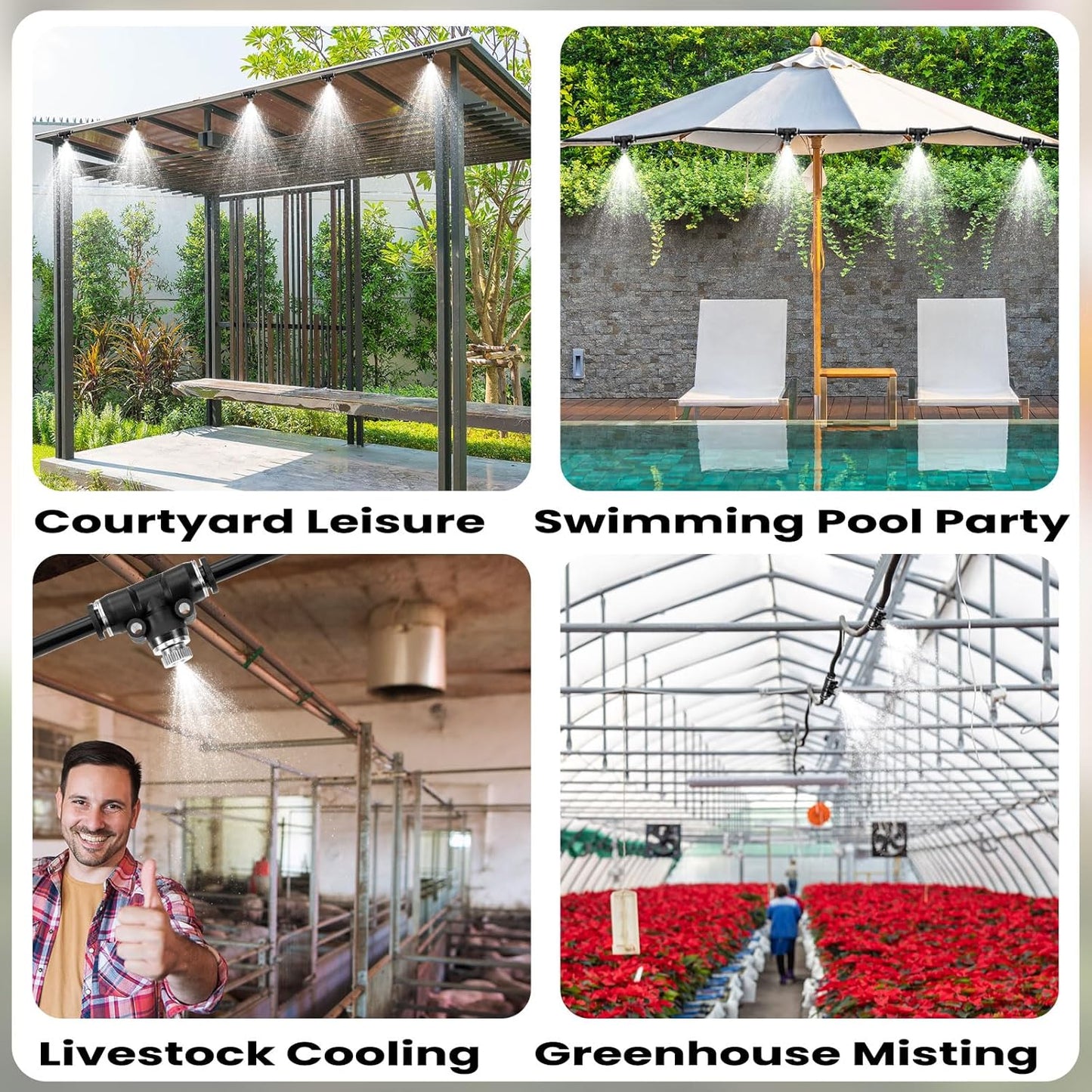 48 Pcs Brass Misting Nozzles Kit,0.012 Orifice (0.3 mm) 10/24 UNC Mister Nozzles 1/4 Inch Sliding Lock Tees for Outdoor Cooling System 20 Misting Tees,20 Spray Nozzles,4 Brass Plugs,4 Black Plugs