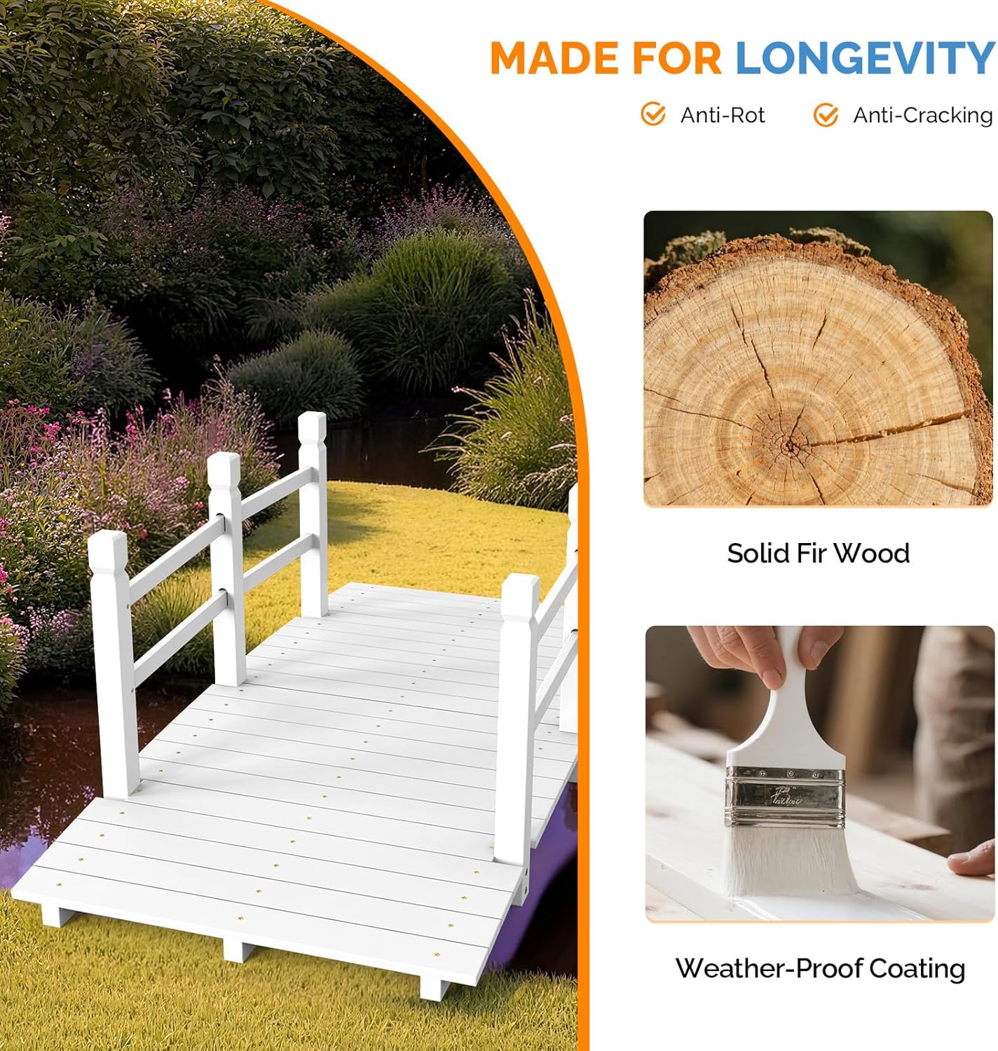 VINGLI Garden Bridge, Classic Wooden Arch with Safety Rails Footbridge (White, 5 ft)