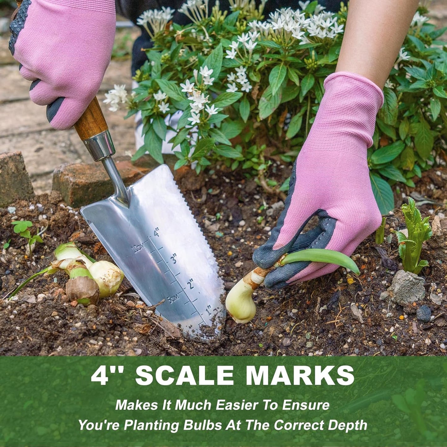 Haliaeetus Garden Trowel with Serrated Edge, 4'' Depth Marks Planting Shovel, V-Shaped Sharp Edge Garden Tool, Stainless Steel with Comfortable Wood Handle for Planting and Weeding