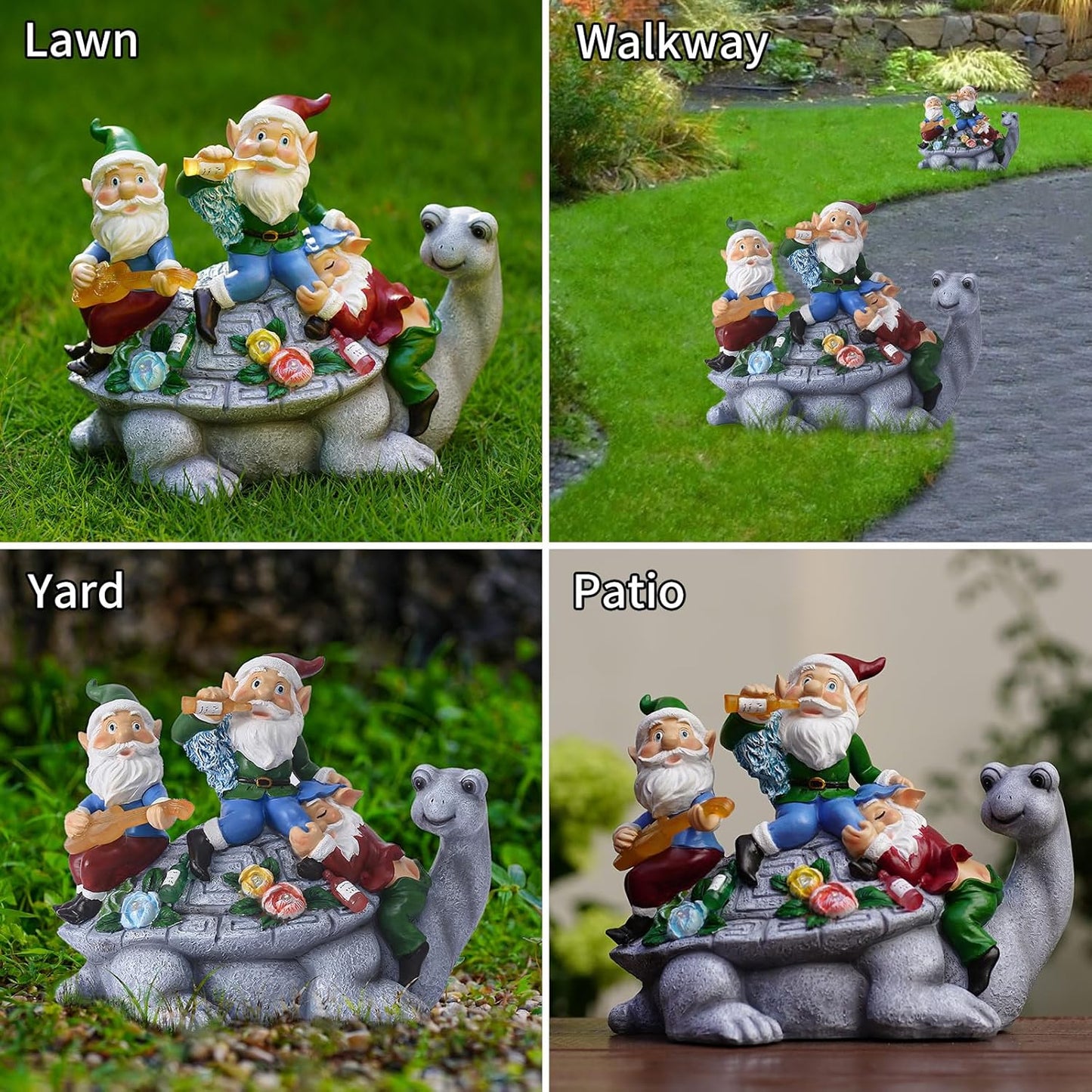 Upgraded Size Solar Garden Outdoor Statues Three Gnomes having party on turtle with 7 LED Solar Figurine for Lawn,Patio,Balcony,Yard Decor Unique Housewarming Gift, for grandfather, Father,Grandma,Wen