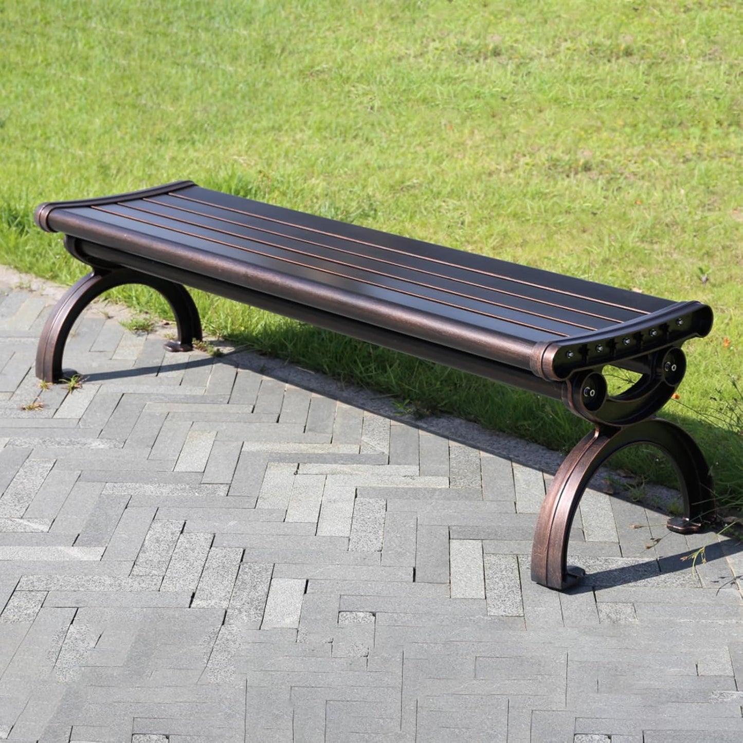 Outdoor Bench Chair Cast Aluminum Garden Bench Patio Bench All-Weather Park Bench for Backyard Porch Lawn (150cm Armless Park Bench)