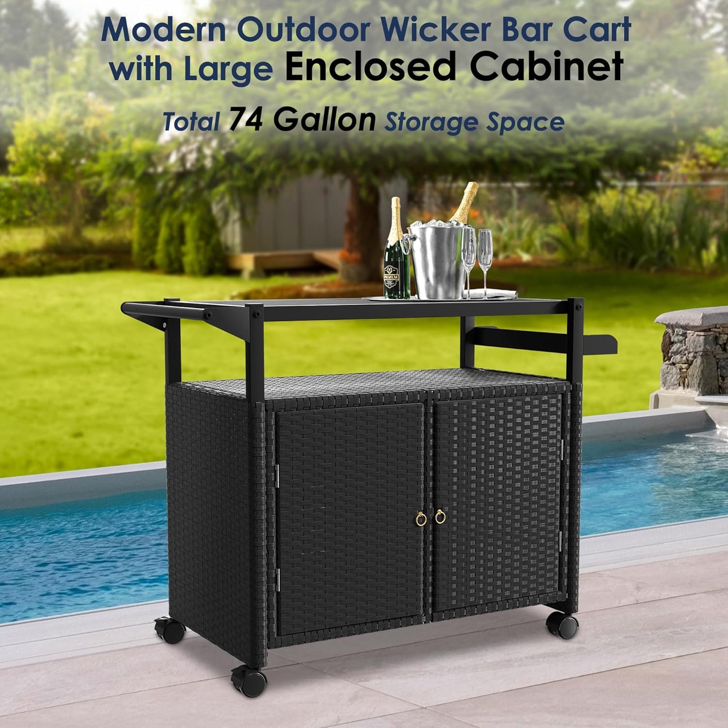 Xilingol Outdoor Bar Table, Wicker Bar Cart with Cabinet, Patio Serving Cart with Tempered Glass Top, Lockable Wheels, Rounded Handle & Side Basket for Garden, Poolside & Backyard, Black