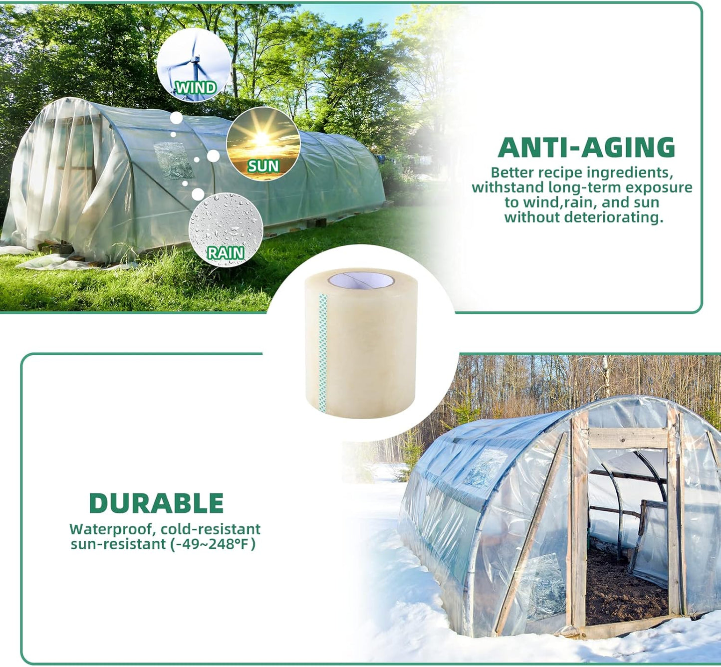 Greenhouse Repair Tape, 6.3 mil Thickness Greenhouse Plastic Tape, Clear UV Resistant Greenhouse Sheeting Coverings Film Tape(5inX213ft)