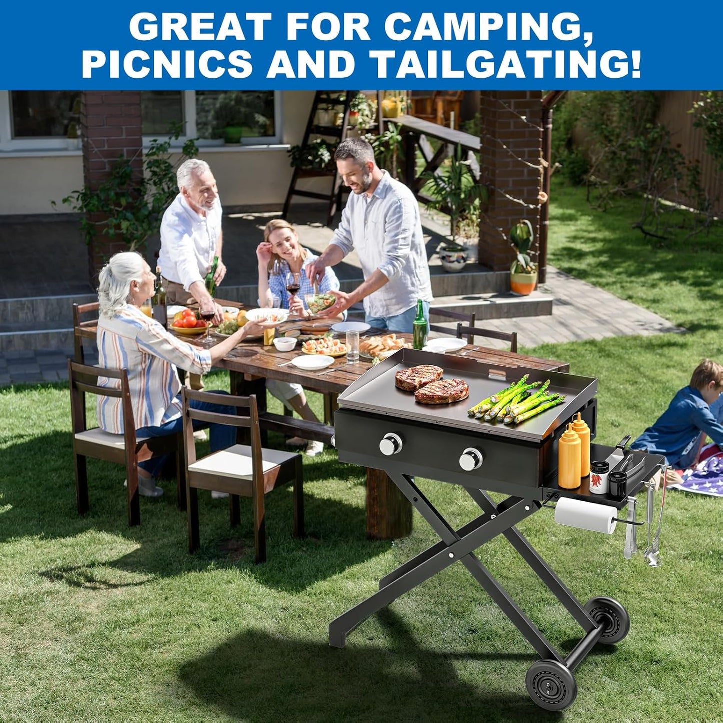 Foldable Grill Cart Table for Blackstone 22 Inch 17 Inch Tabletop Griddle Accessories,Portable Collapsible Grill Stand for Backyard, Camping and Outdoor Cooking with Wheels Side Table Transport Handle