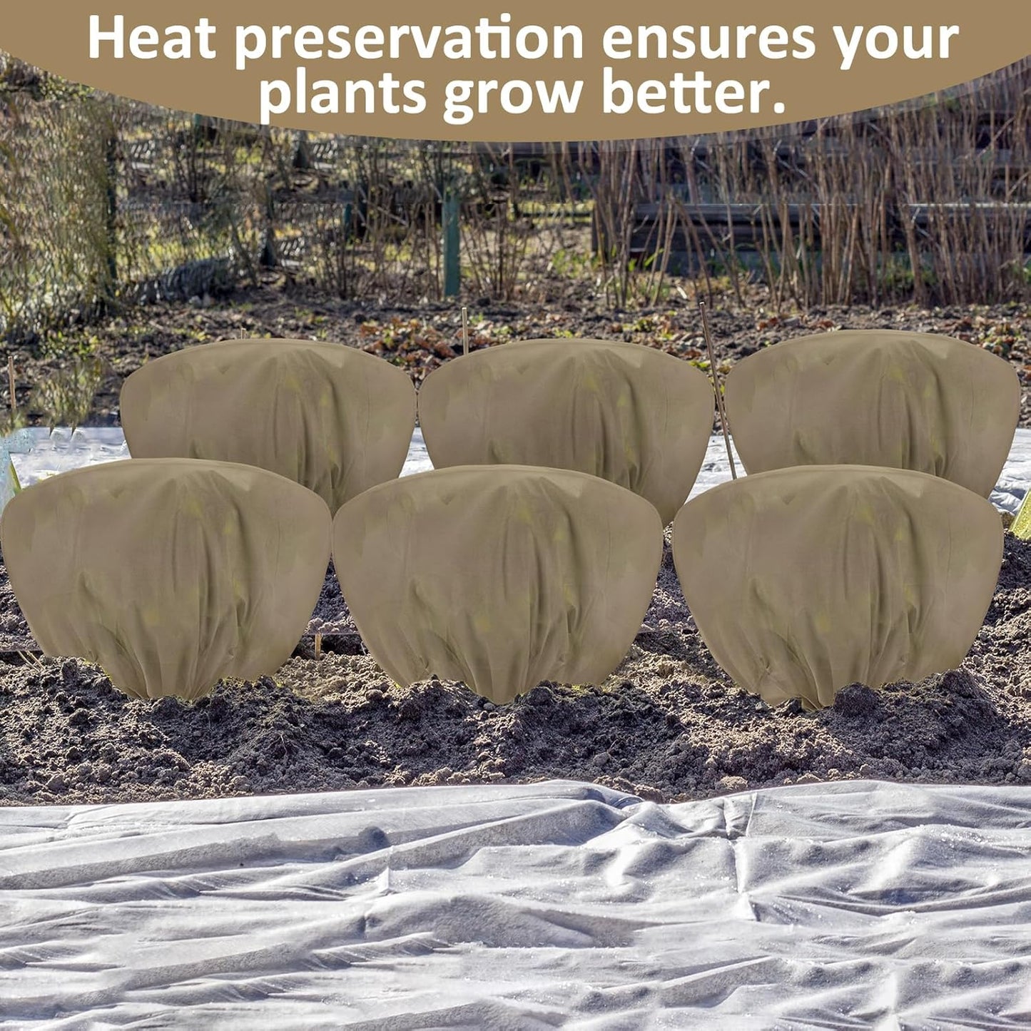6 Pcs Winter Plant Covers Freeze Protection 39.4x23.6 Inch Horizontal Shrub Tree Rose Plant Protection Bags Frost Blanket with Drawstring for Fall Winter Outdoor Garden Planting (Brown)