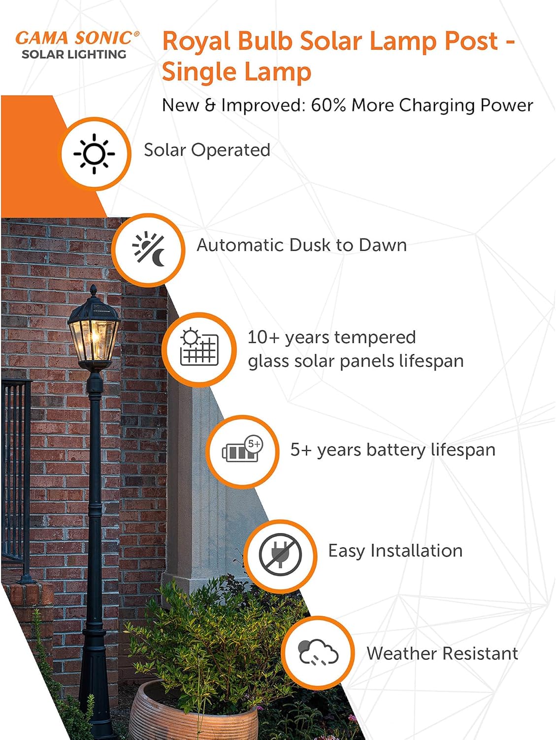 Gama Sonic Solar Outdoor Lamp Post Light, Black Cast Aluminum and Beveled Glass Panels, 10-Year Royal Bulb, Warm White LED with Omni-Direction Reflector, 87-inch Height, 98B001 (Upgraded Panel)