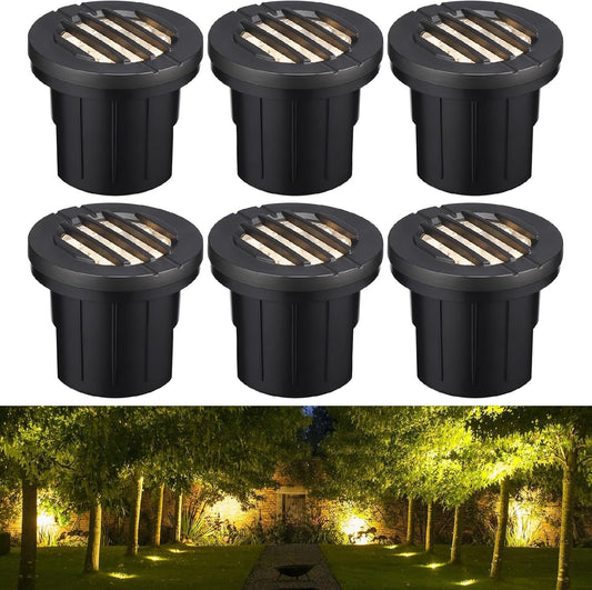 LEONLITE Dia. 4 Inch Well Lights Landscape LED In Ground, Grated Top, 3000K Warm White, 12-24V AC/DC CRI90 Low Voltage Garden Landscaping, Black Aluminum Housing, Pack of 6