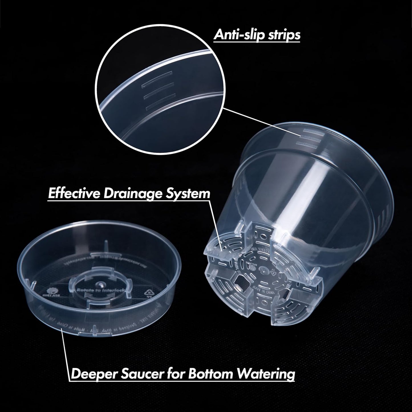 4 Inch Clear Plastic Plant Pot with Drainage Holes, Interlocking & Detachable Tray - Deep Saucer - Durable BPA-Free Plastic, Transparent Design, Raised Base for Airflow, Set of 24, 92-X-C-2