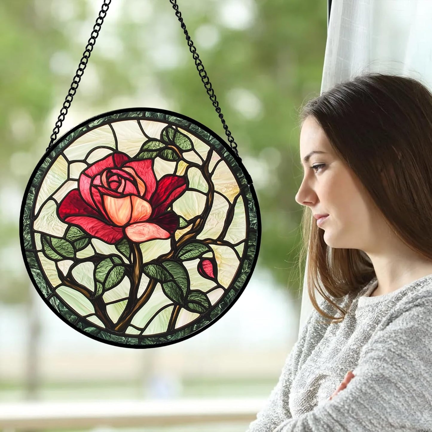 Stained Glass Window Hanging, Red Rose Flowers Sun Catcher for Door Garden Home Decor Suncatcher Christmas Mother's Day Birthday Gifts for Women Lovers Men Wife Girlfriend Mom Nana 11.8 in