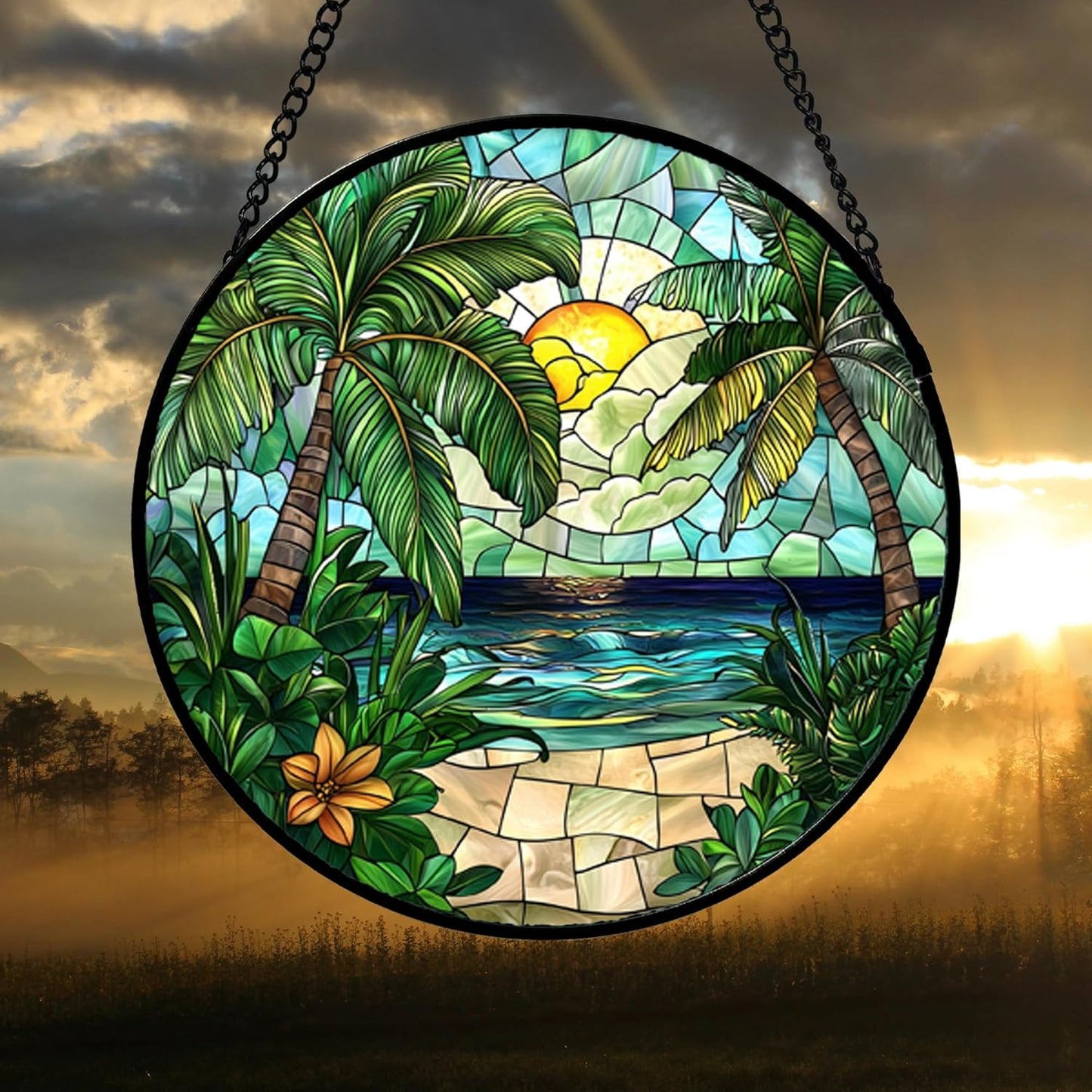 Stained Glass Window Hanging, Green Beach Scenery Suncatcher Diamond Glass Panel Hangings Sun Catchers Decor for Birthday for Women, Men, Wife, Aunt, and Mom 14.9x14.9 in