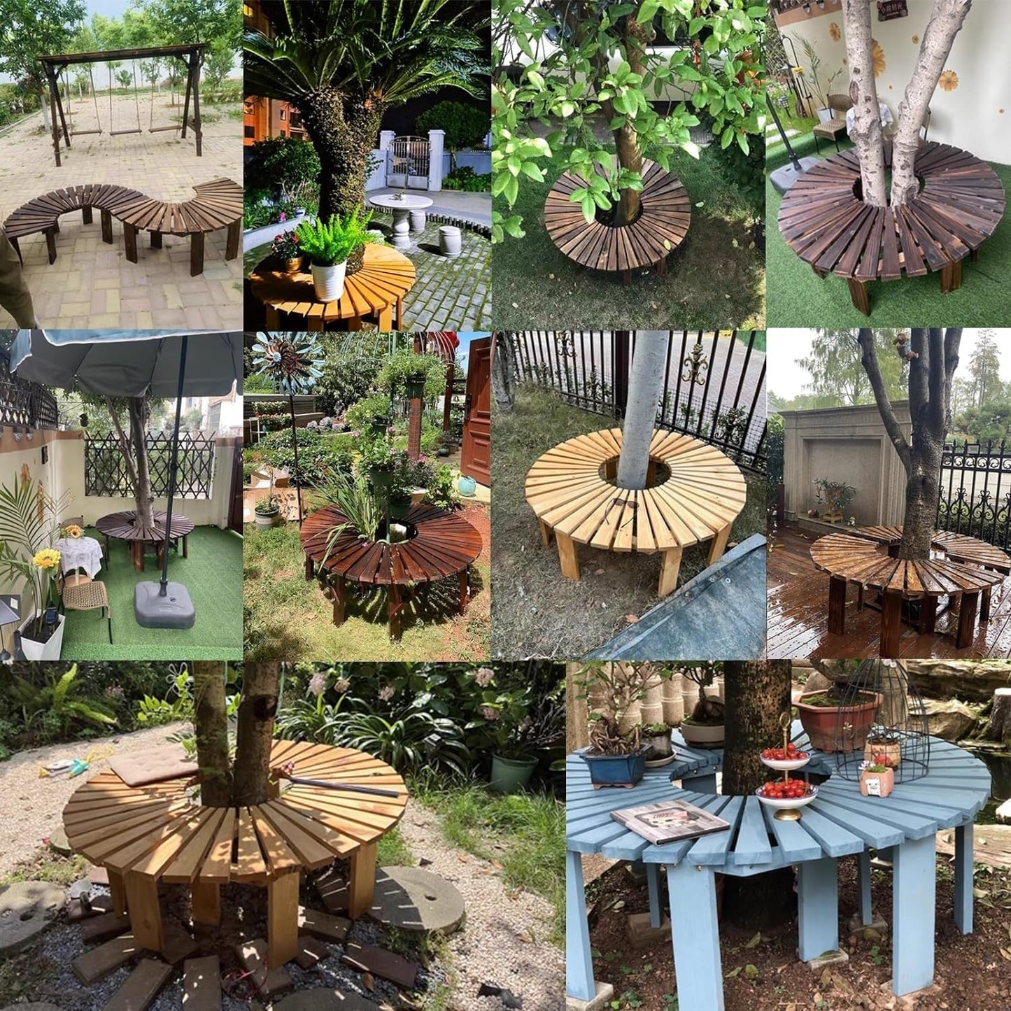 Tree Bench Wrap Around Tree Bench - Wooden Curved Benches Outdoor Strong Bearing Capacity 660Lbs, Outdoor Furniture for Garden Natural Park Courtyard(Color:Brown,Size:Round)