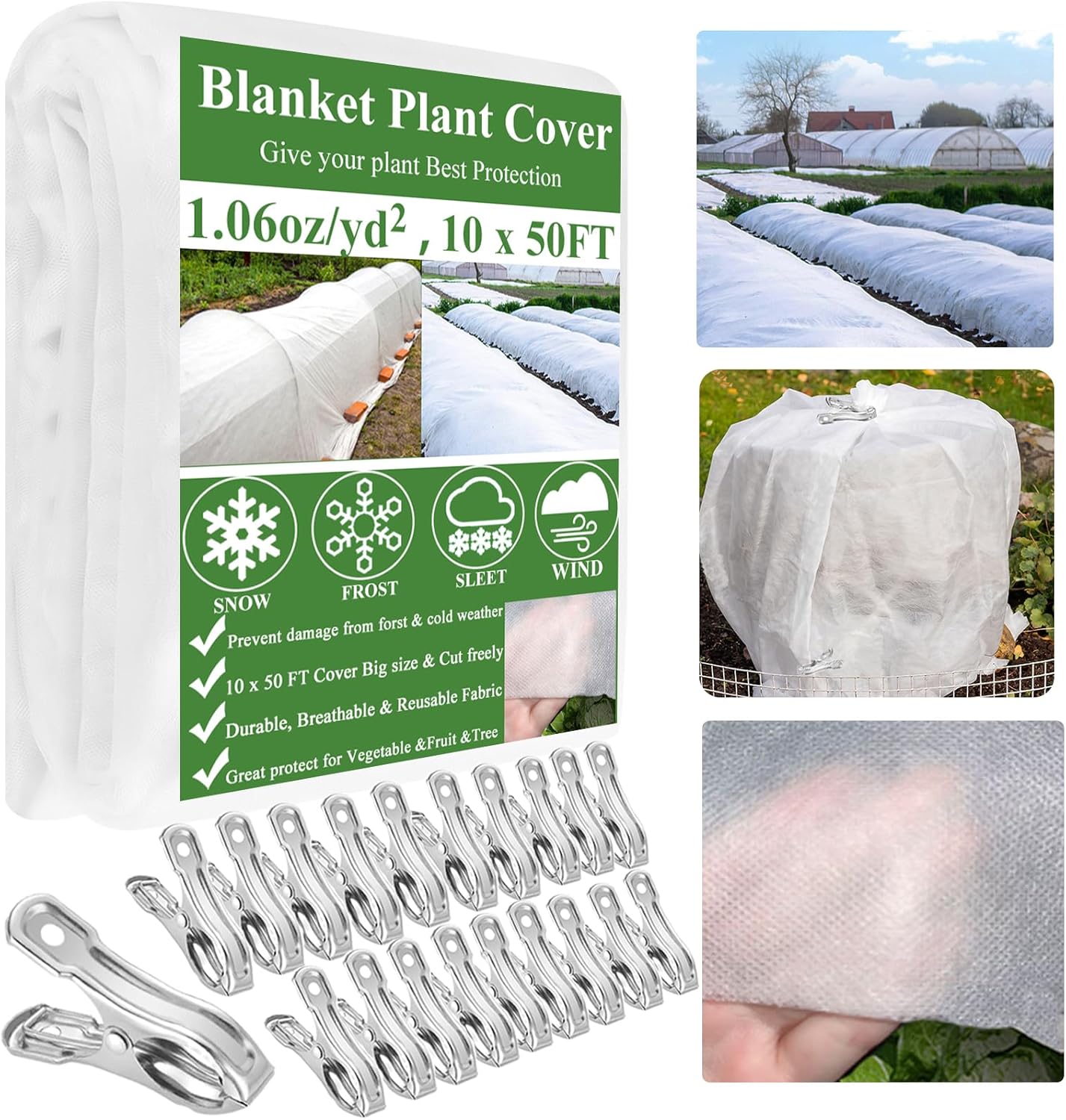 Plant Covers Freeze Protection 10 x 50Ft with 20 Stainless Steel Clip- Frost Cloth Plant Blankets Garden Fabric Freeze Cover for Outdoor Plant Raised Bed Greenhouse Winter Frost Sun Protection