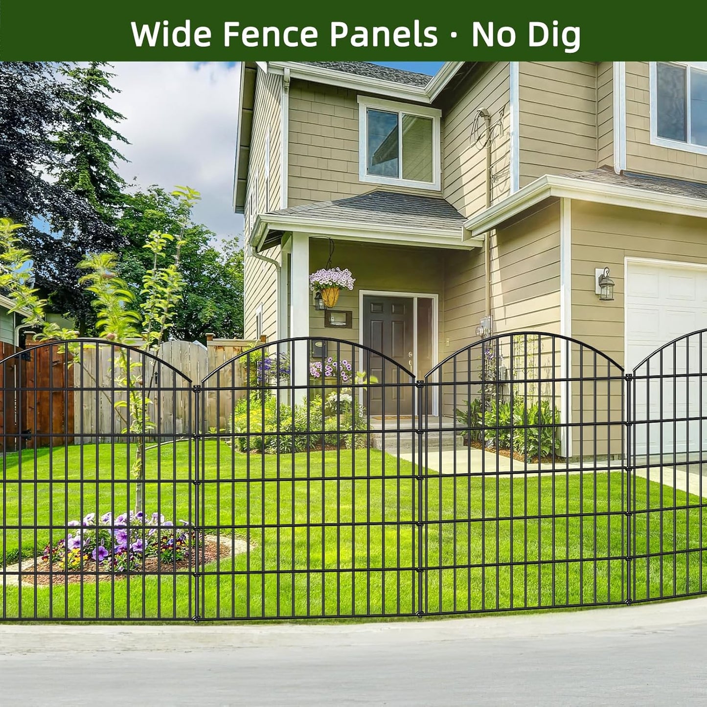 Decorative Metal Garden Fence Outdoor CTW3643, 43.2in H x 14.75 ft L, No Dig Temporary Dog Fence Border Fencing for Yard Patio Landscape Flower Bed,5 Panels + 6 Stakes, Black