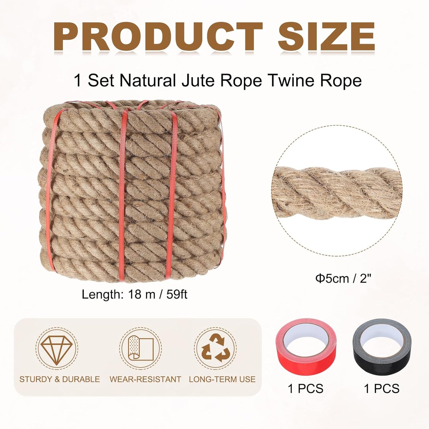 MECCANIXITY Jute Rope 2 Inch x 59ft, Thick Twine Rope Ropes Braided Jute Twine Natural Brown Burlap Cord String Heavy Twisted with Tapes for Decorative Crafts Railing Swing Tug of War