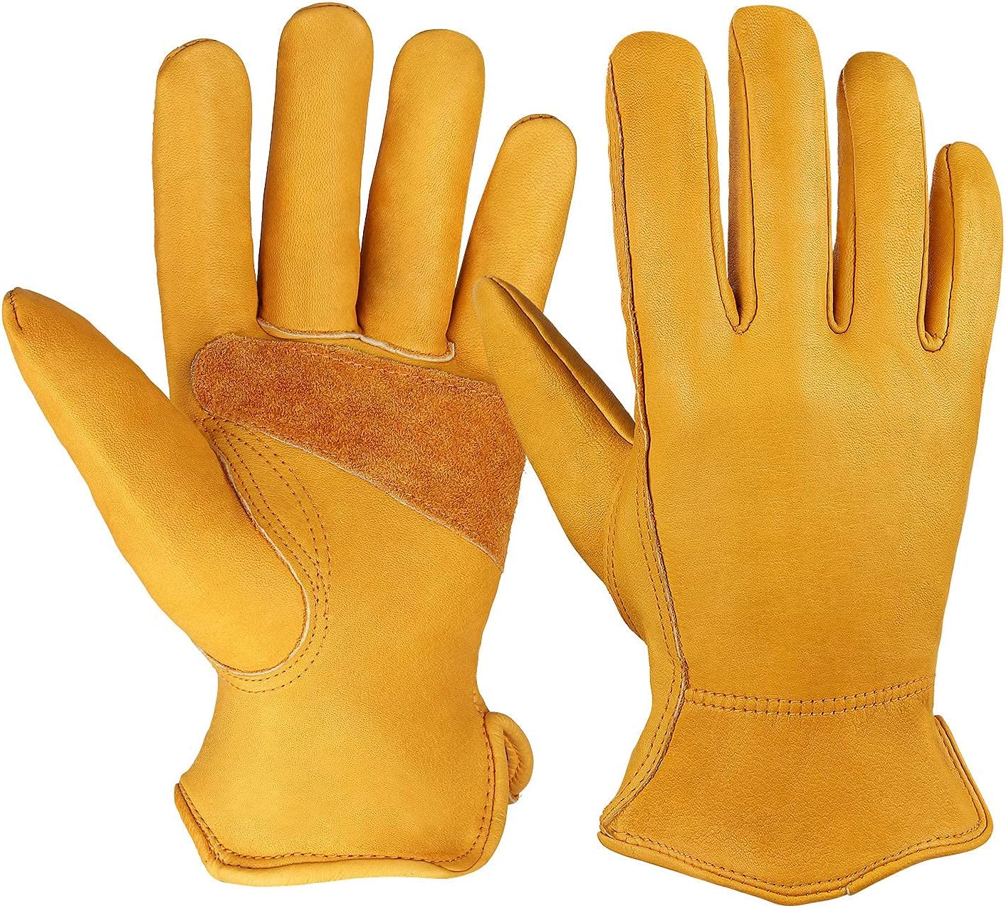 OZERO Flex Grip Leather Work Gloves Stretchable Wrist Tough Cowhide Working Glove 1 Pair (Gold, Large)